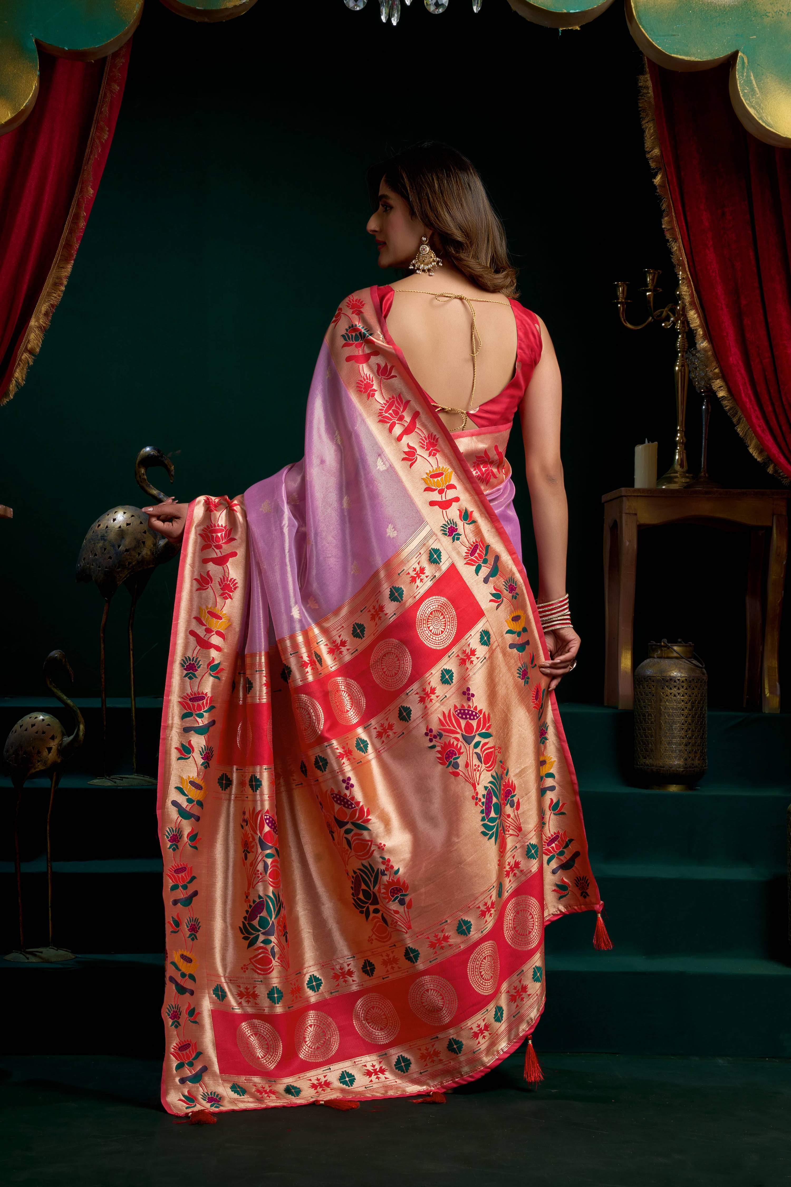 Purple Tissue Paithani Saree with Meena Lotus Zari Woven Border