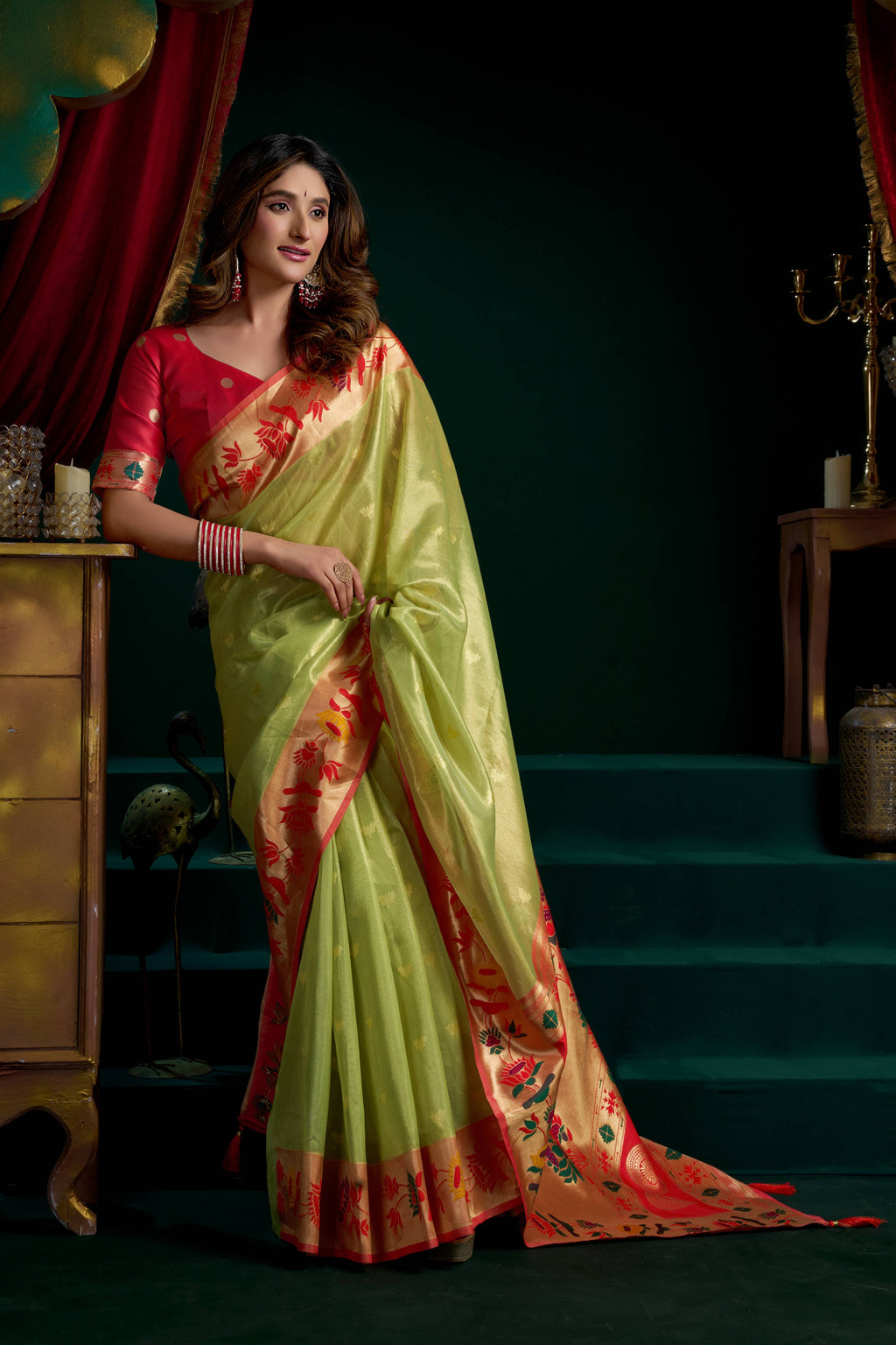 Green Tissue Paithani Saree with Lotus Zari Woven Design