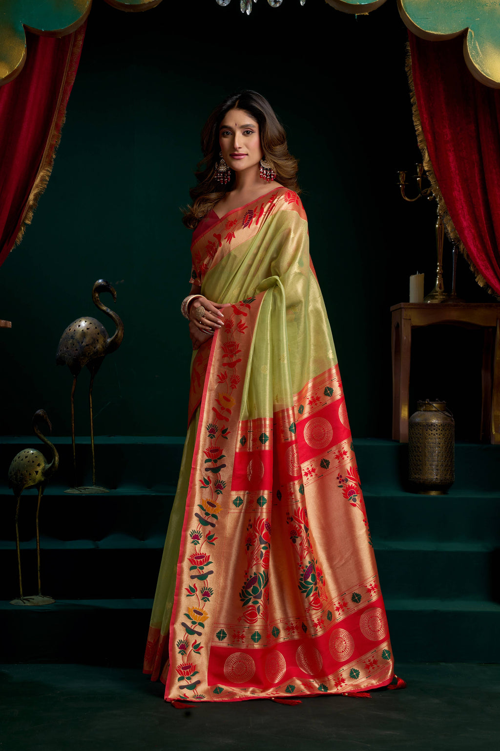 Green Tissue Paithani Saree with Lotus Zari Woven Design