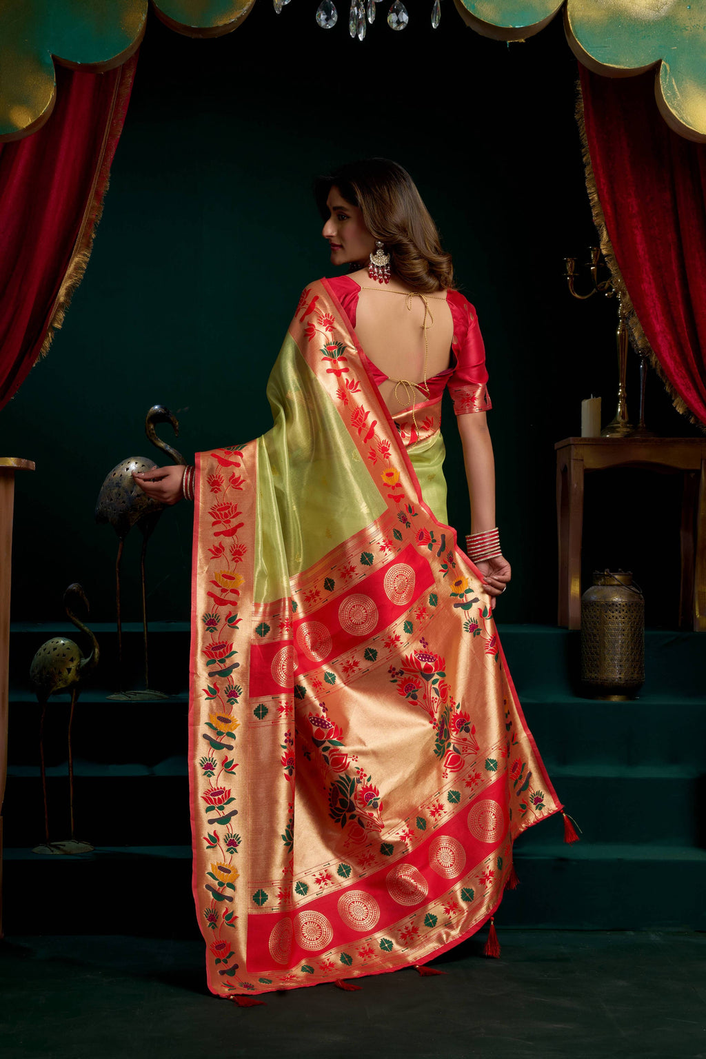 Green Tissue Paithani Saree with Lotus Zari Woven Design