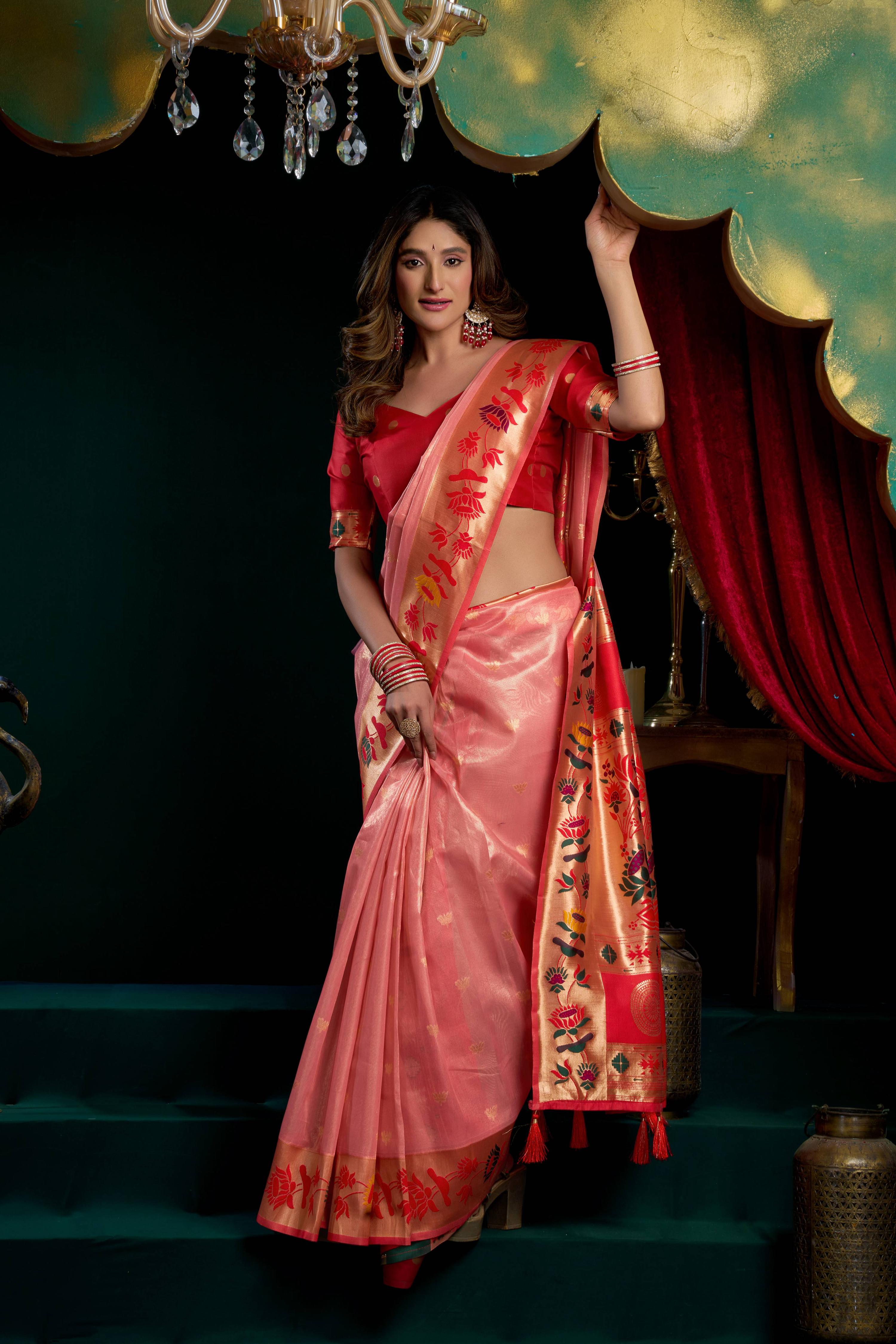 Peach Tissue Paithani Saree with Lotus Zari Weave & Blouse