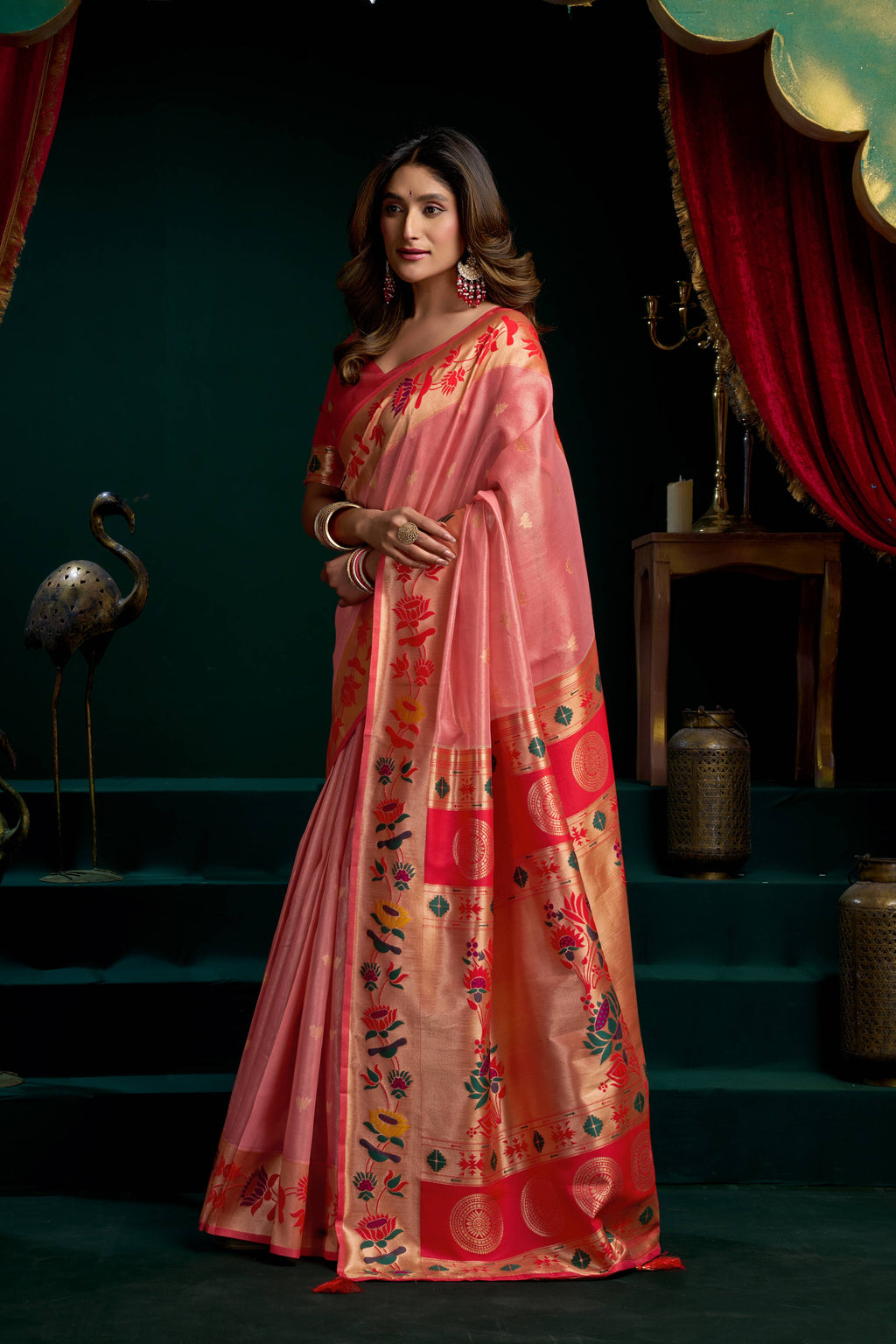 Peach Tissue Paithani Saree with Lotus Zari Weave & Blouse