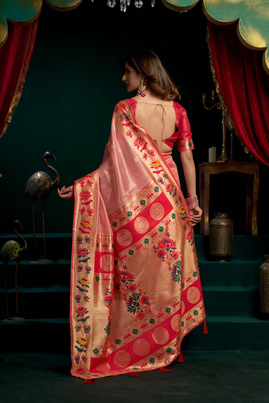 Peach Tissue Paithani Saree with Lotus Zari Weave & Blouse