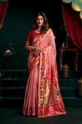 Peach tissue paithani saree with traditional lotus motif zari weaving