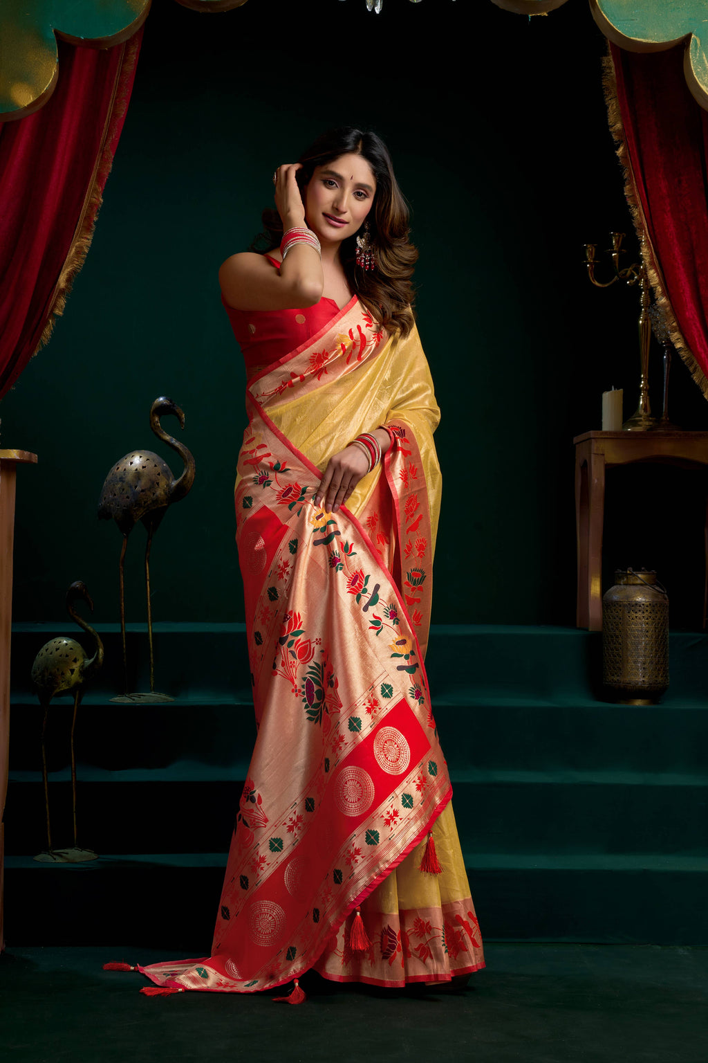 Mustard Tissue Paithani Saree with Lotus Zari Weave & Blouse