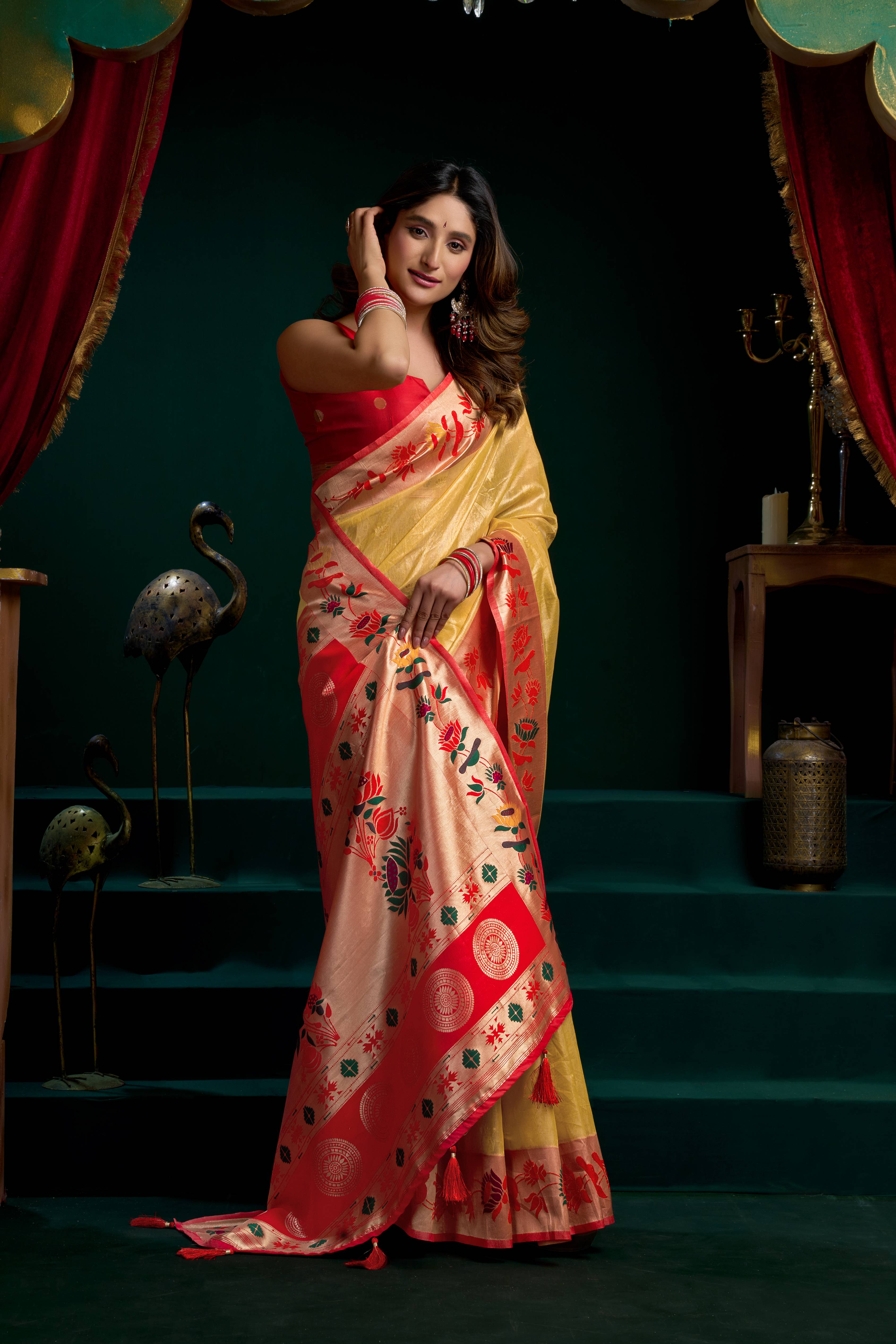 Mustard Tissue Paithani Saree with Lotus Zari Weave & Blouse