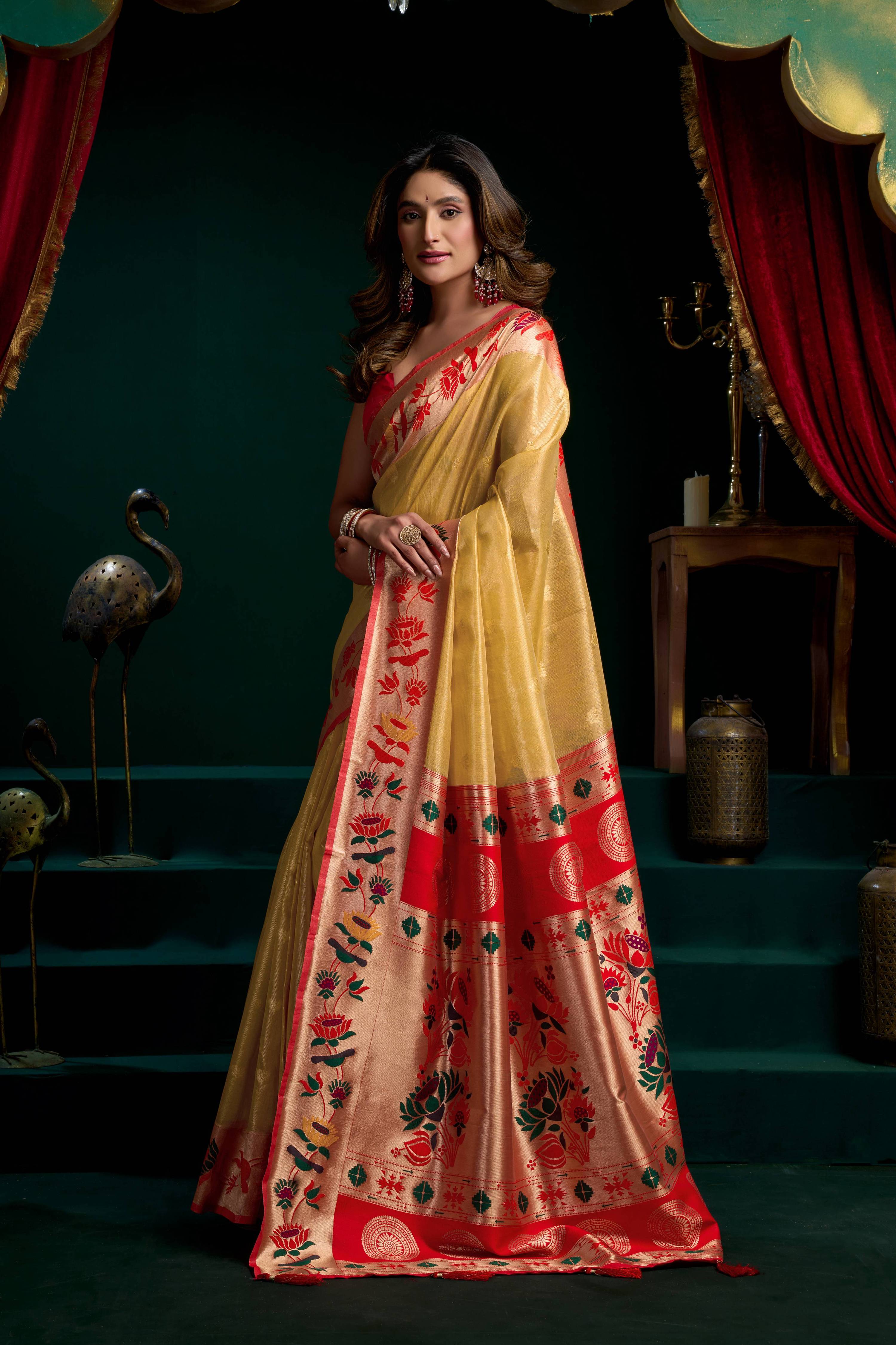 Mustard Tissue Paithani Saree with Lotus Zari Weave & Blouse