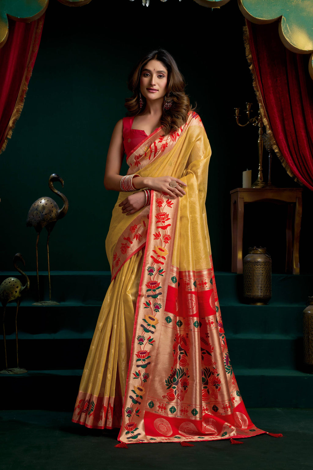 Mustard Tissue Paithani saree with intricate gold lotus Zari weaving and matching blouse