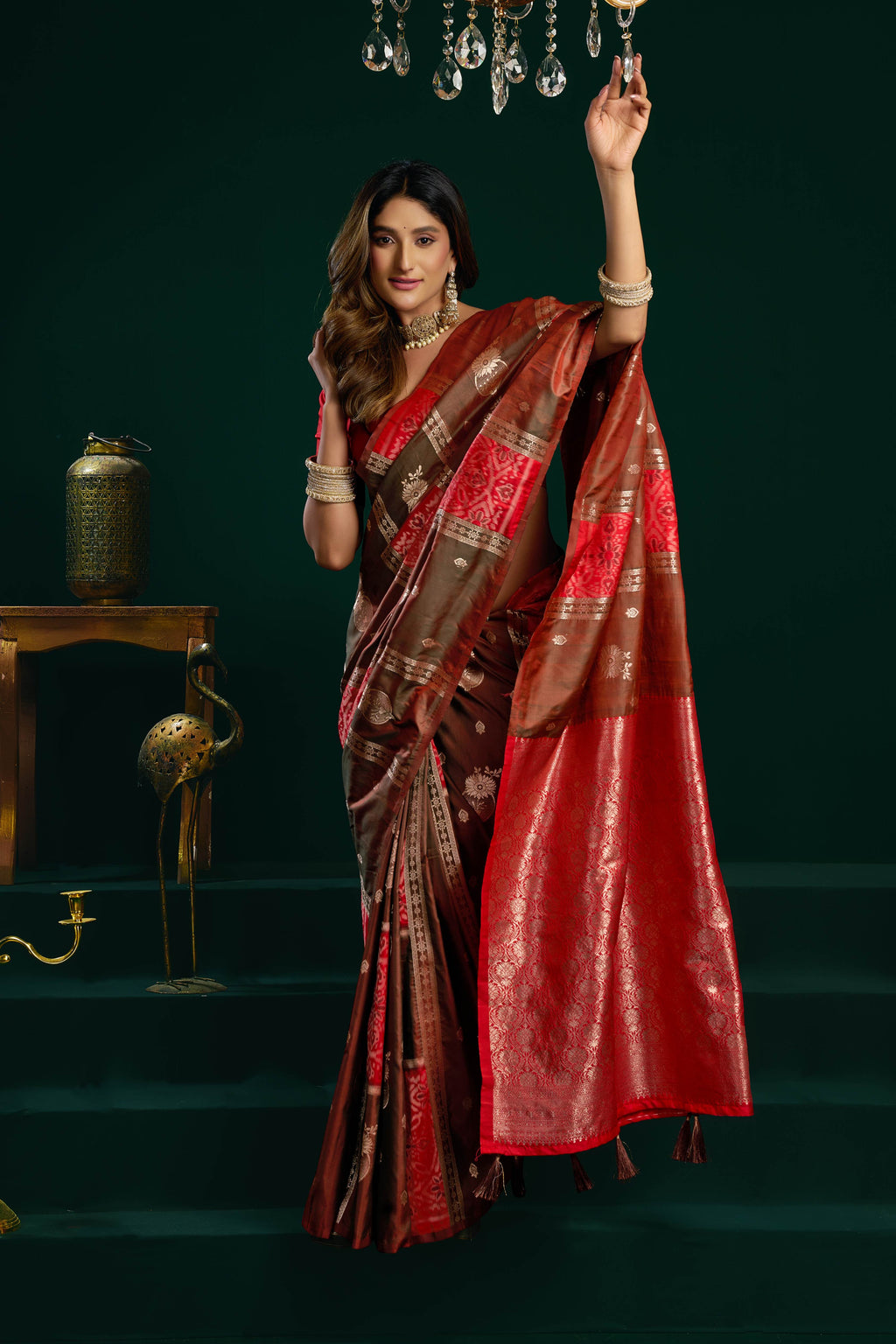 Women's Coffee Soft Silk Zari Woven Saree with Fancy Tassels and Blouse