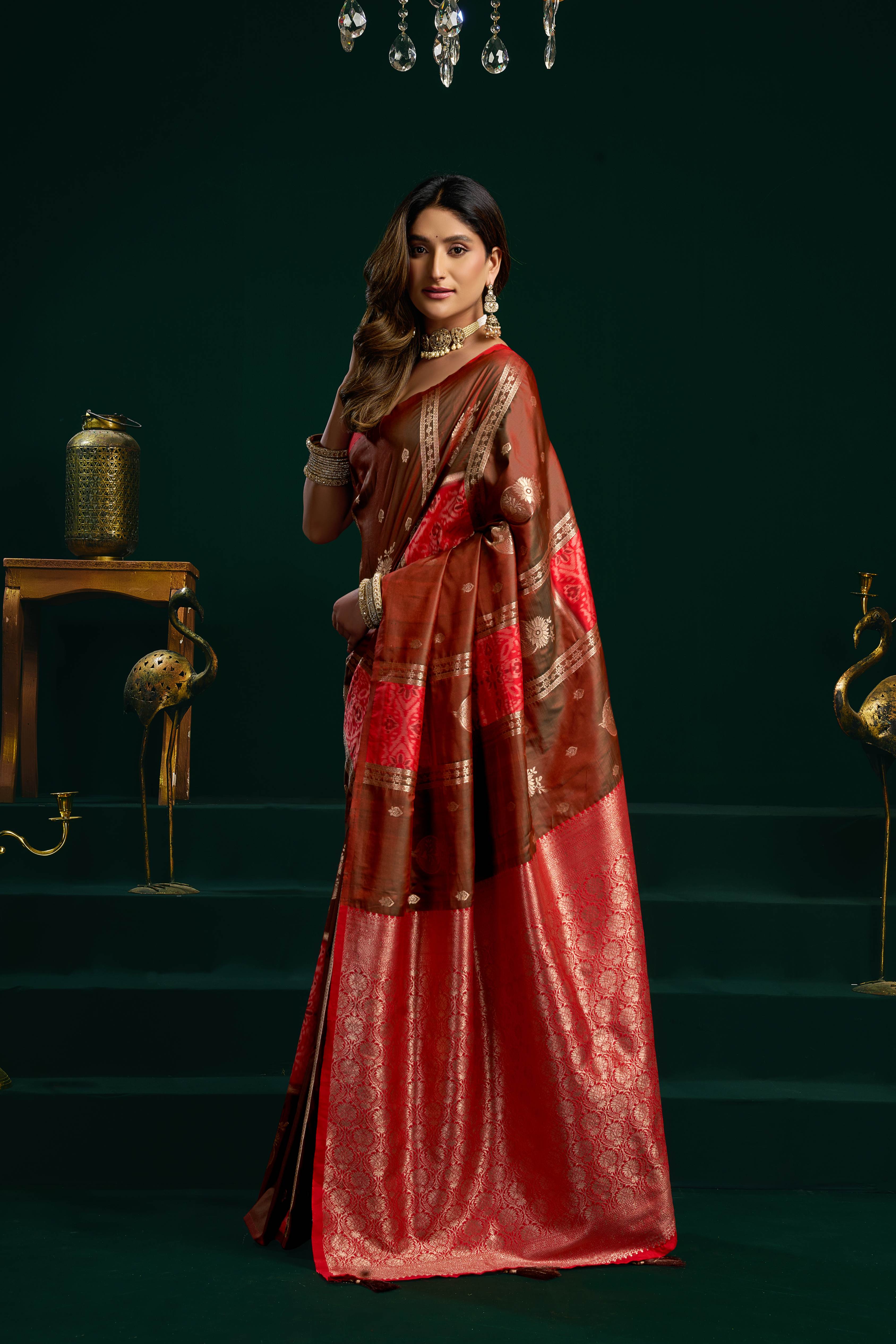 Women's Coffee Soft Silk Zari Woven Saree with Fancy Tassels and Blouse