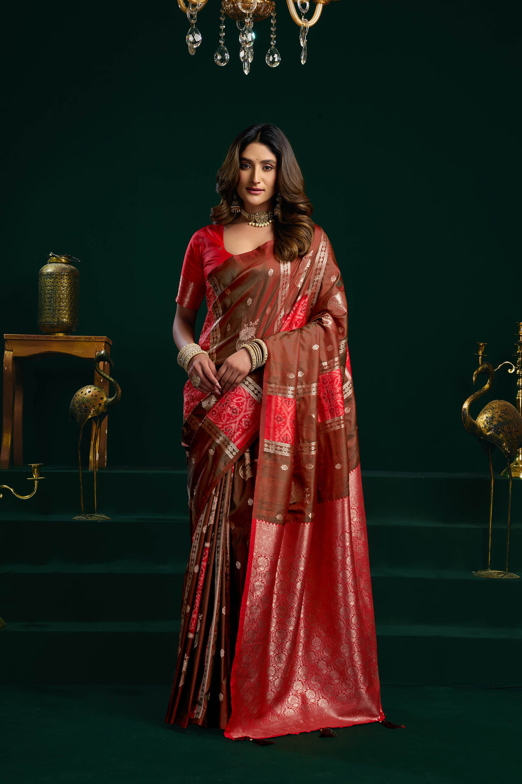 Coffee colored soft silk saree with zari weaving and fancy pumpum detailing