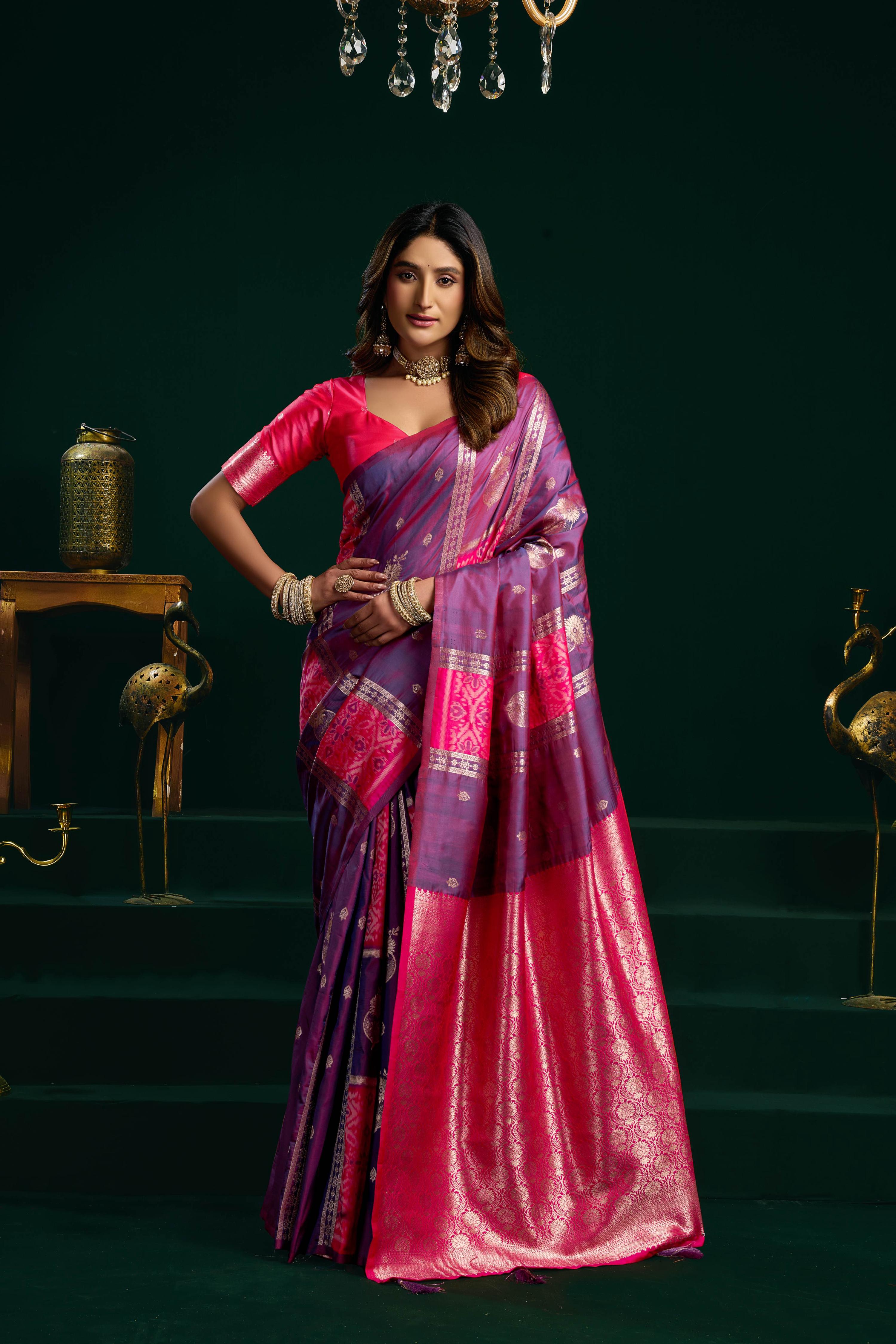 Purple soft silk saree with fancy pumpum accents and zari woven border with blouse
