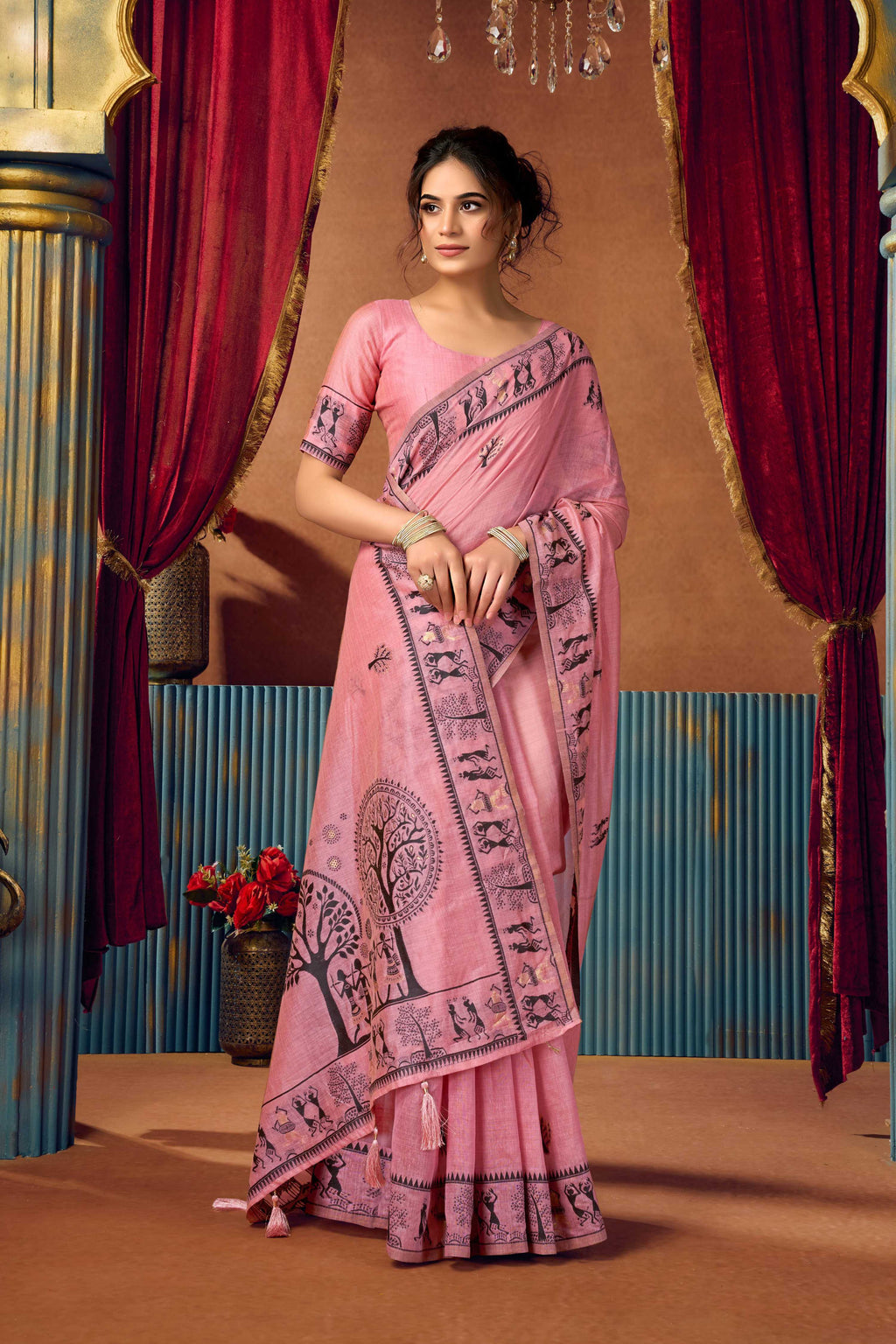 Pink Modal Saree with Traditional Zari Woven Work