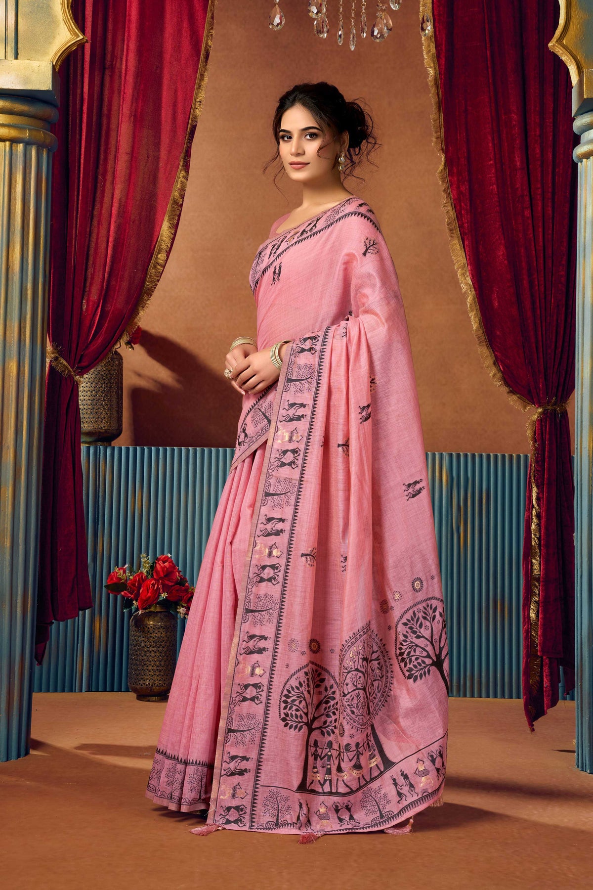 Pink Modal Saree with Traditional Zari Woven Work
