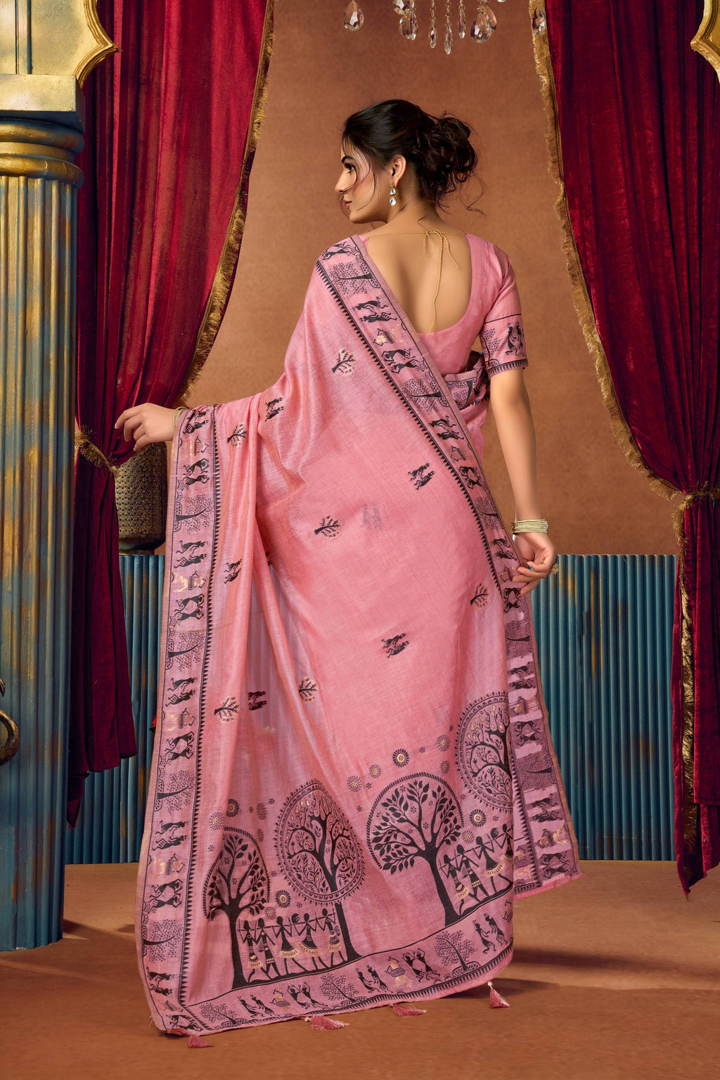 Pink Modal Saree with Traditional Zari Woven Work