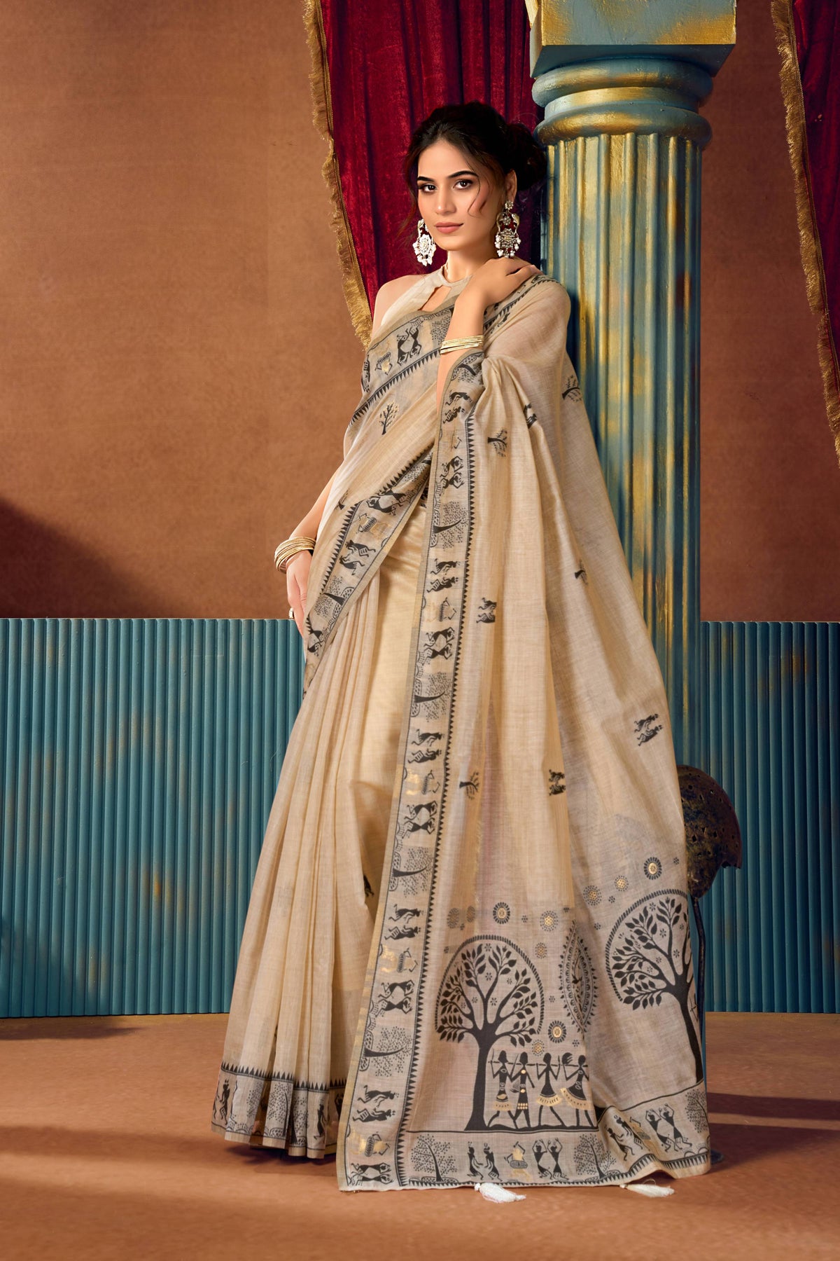 Beige Modal Zari Woven Saree with Unstitched Blouse Piece