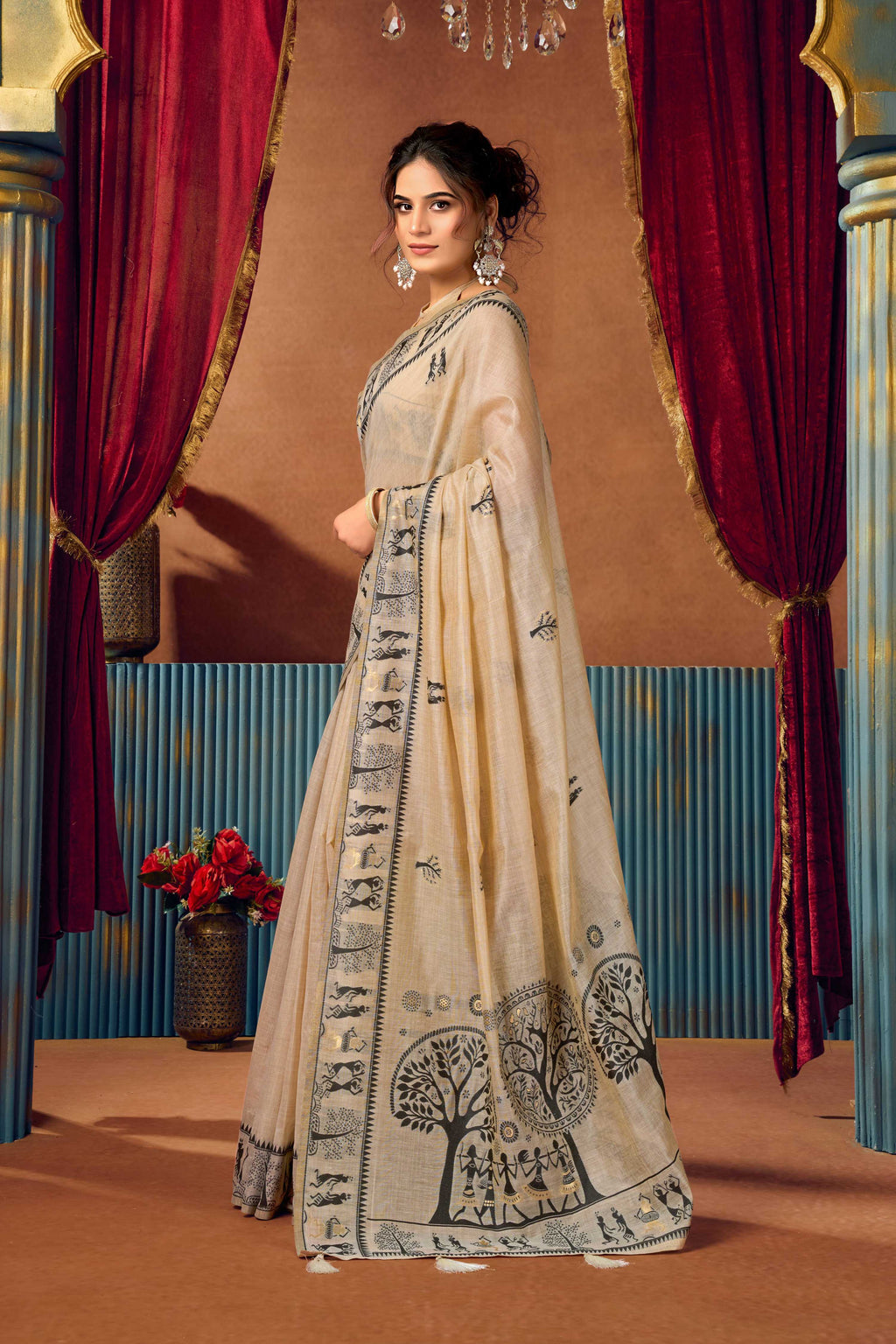 Beige Modal Zari Woven Saree with Unstitched Blouse Piece