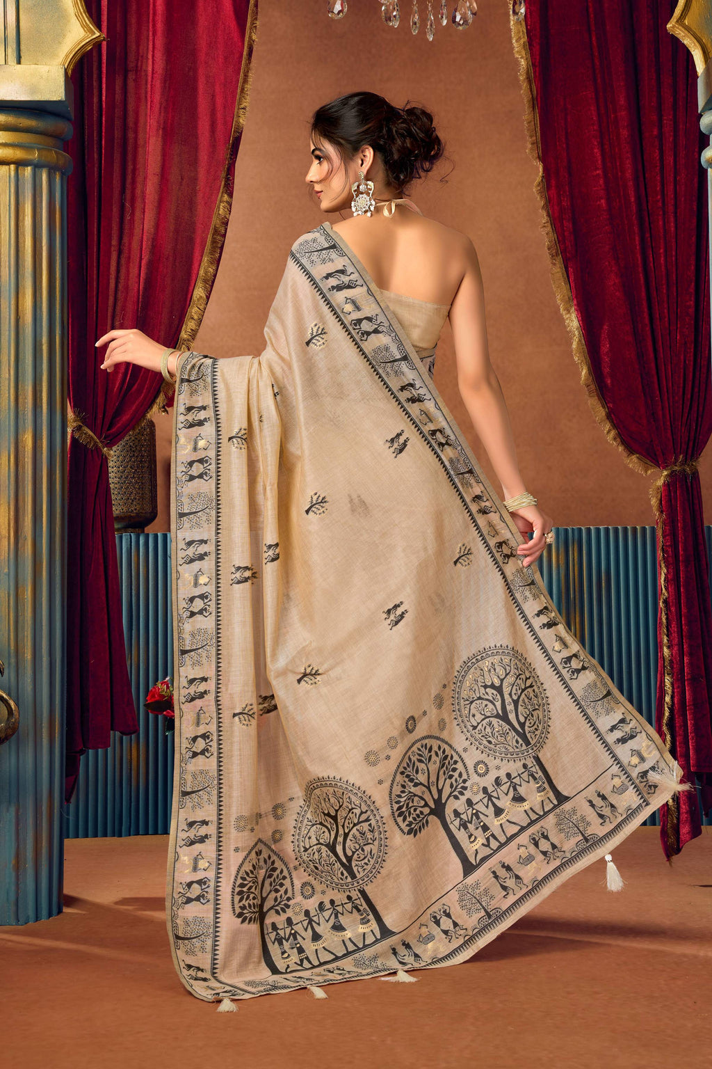Beige Modal Zari Woven Saree with Unstitched Blouse Piece
