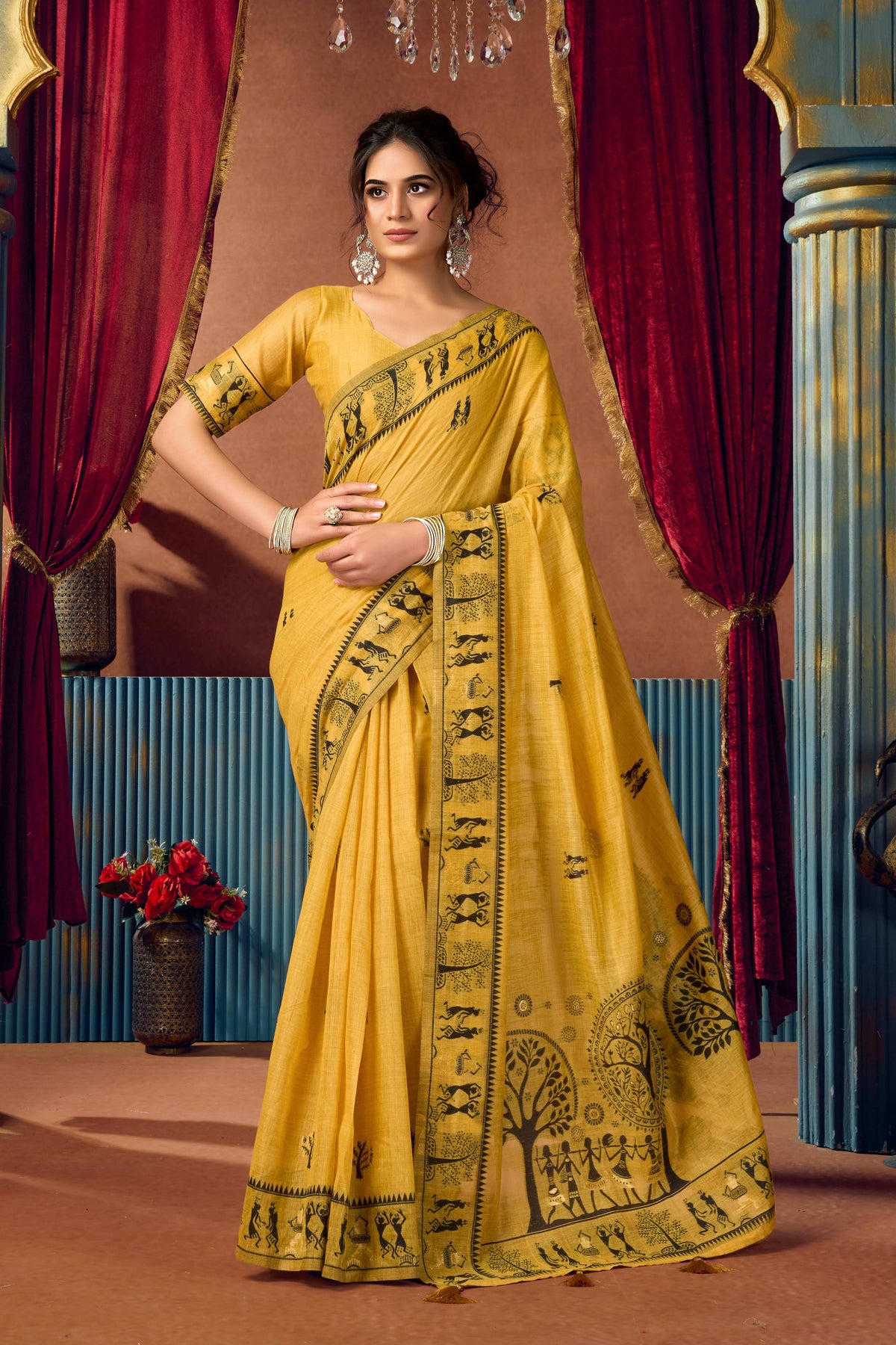 Yellow modal saree with intricate zari woven details and matching blouse