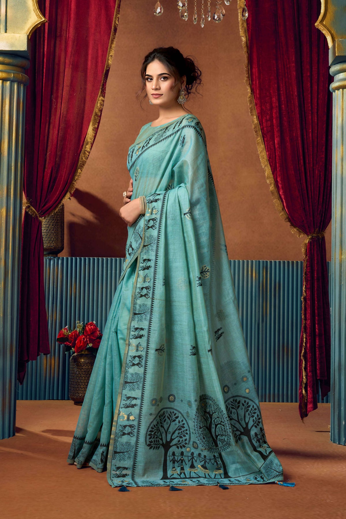 Turquoise Modal Saree with Zari Woven Detail and Blouse