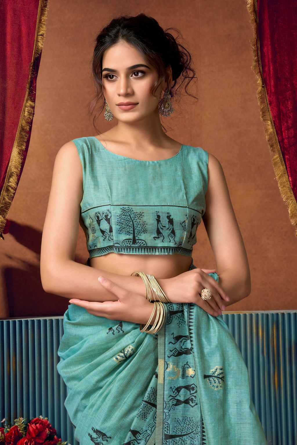 Turquoise Modal Saree with Zari Woven Detail and Blouse