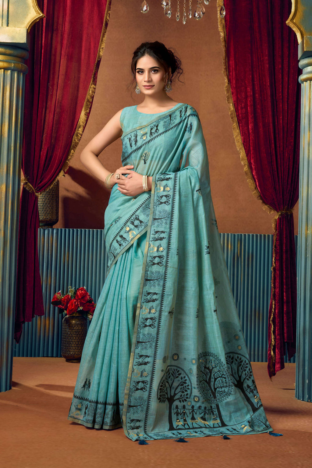 Turquoise Modal Saree with Zari Woven Detail and Blouse