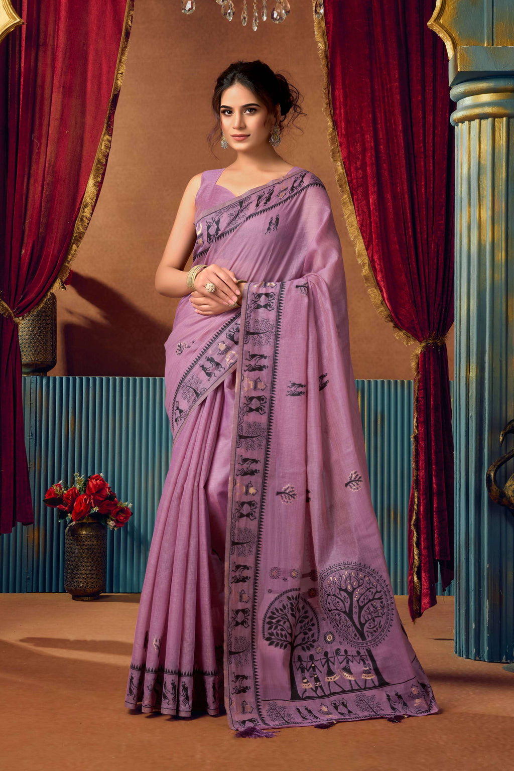 Lavender modal saree with zari woven accents and a matching blouse piece.