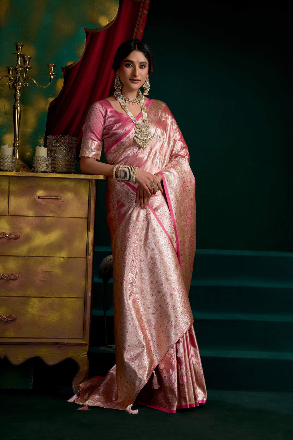 Baby Pink Satin Silk Zari Woven Saree with Unstitched Blouse