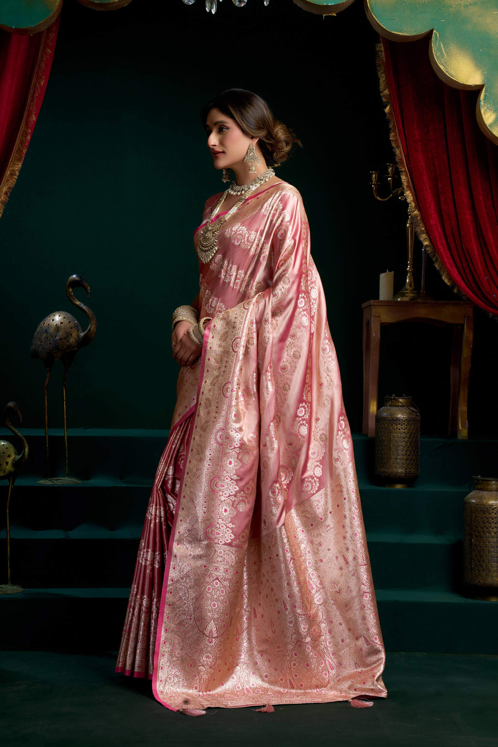 Baby Pink Satin Silk Zari Woven Saree with Unstitched Blouse