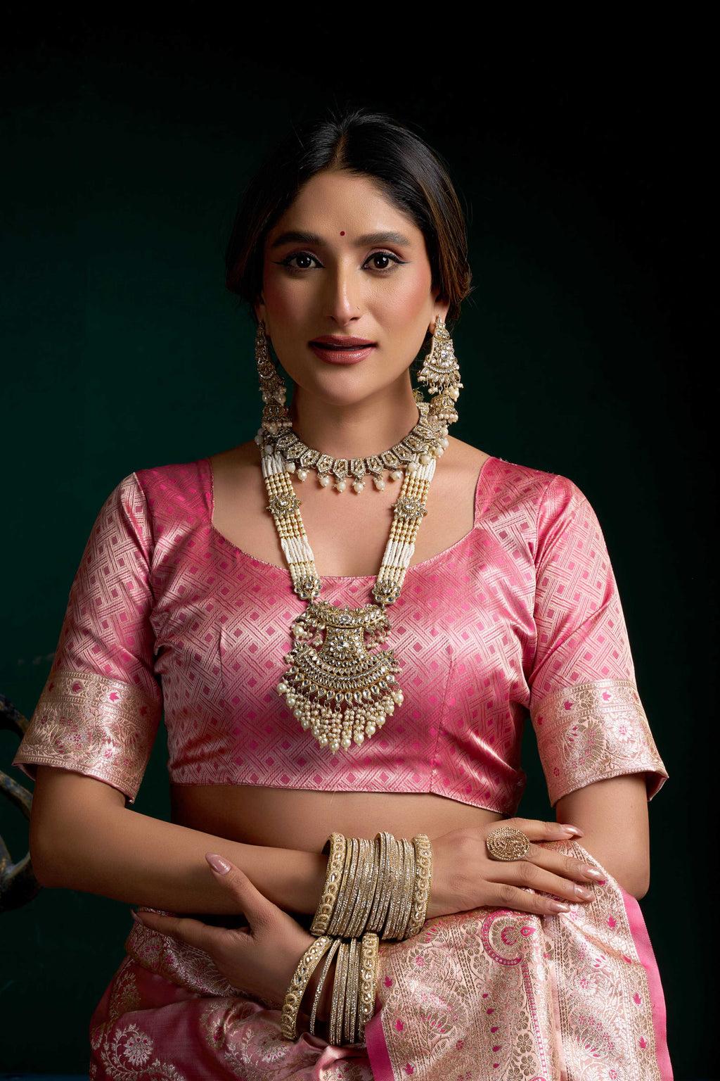 Baby Pink Satin Silk Zari Woven Saree with Unstitched Blouse