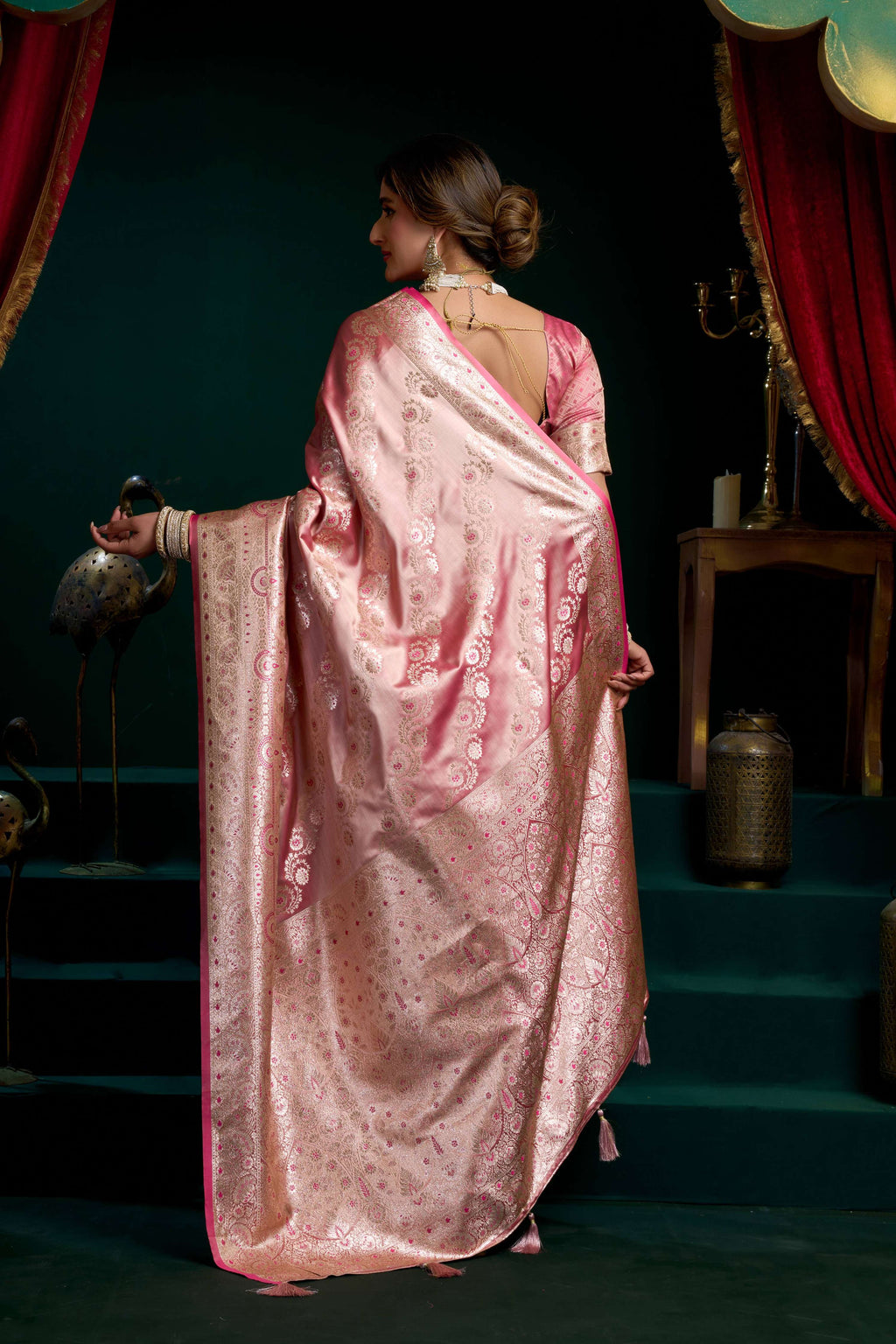 Baby Pink Satin Silk Zari Woven Saree with Unstitched Blouse