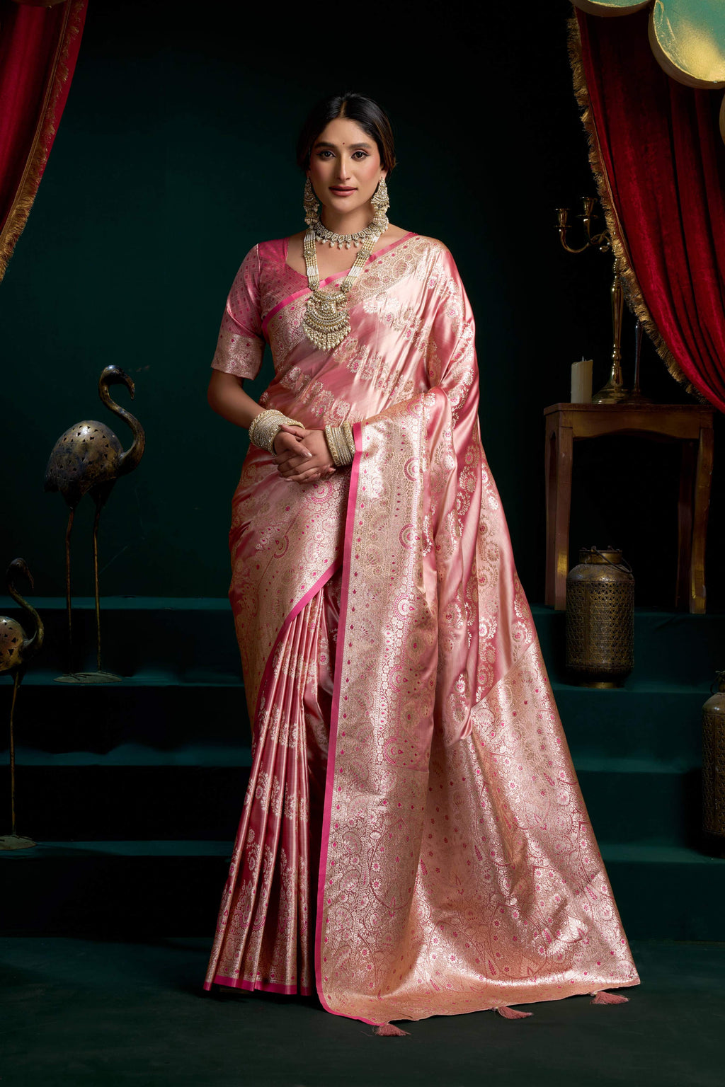 Baby Pink Satin Silk saree with Zari woven work and fancy pumpum border with matching unstitched blouse.