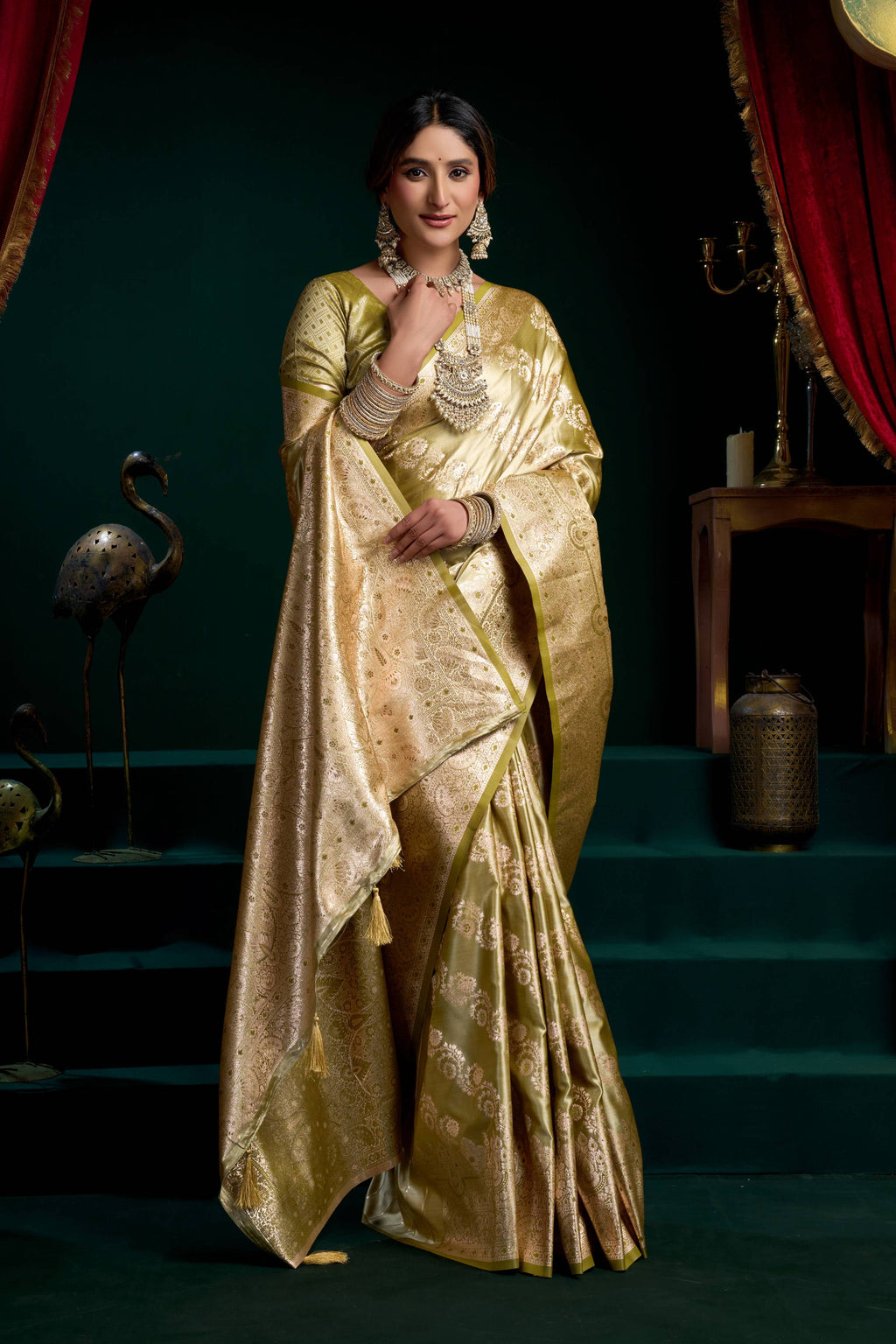 Mehendi Satin Silk Zari Woven Saree with Fancy Pumpum