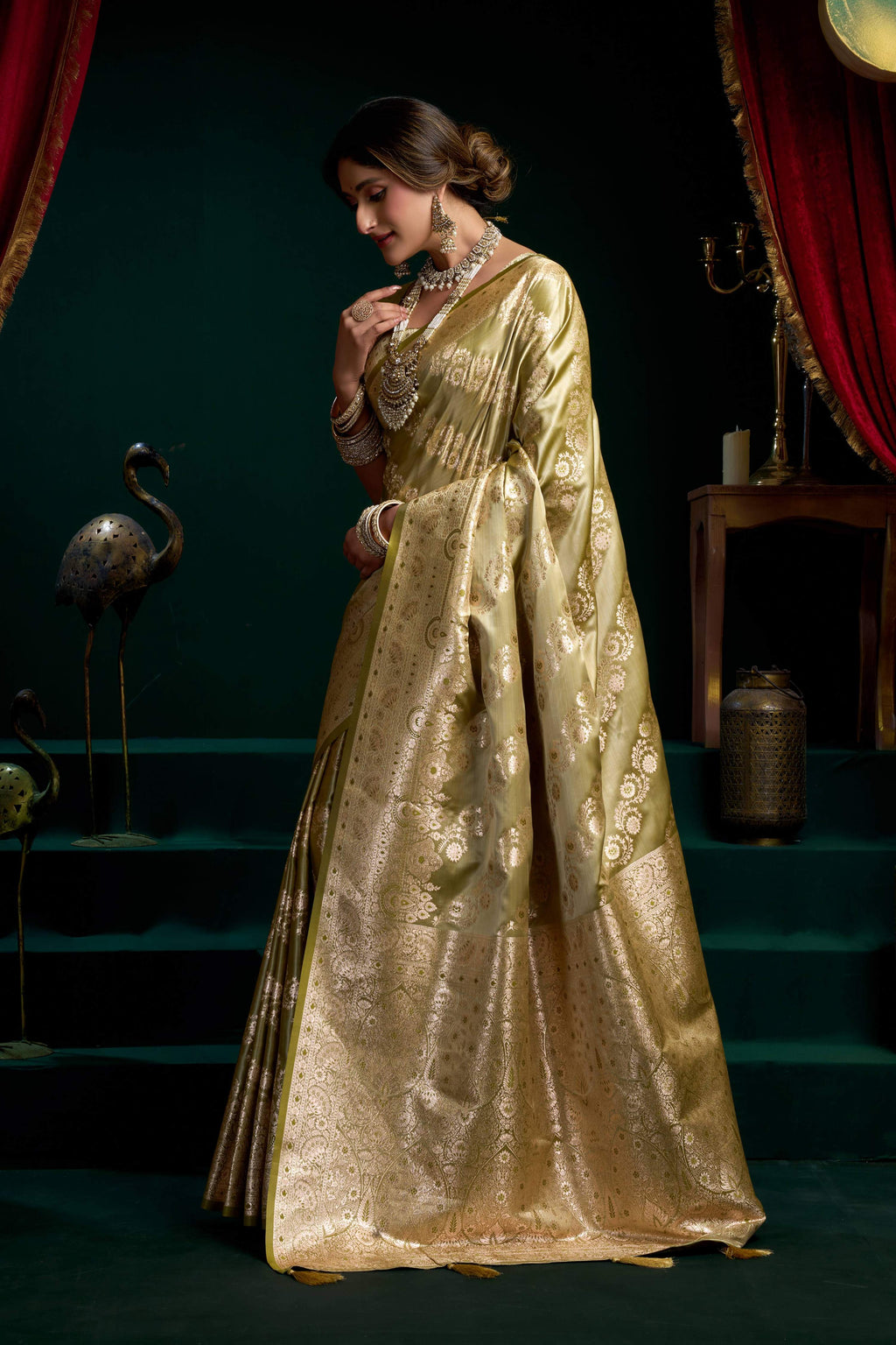 Mehendi Satin Silk Zari Woven Saree with Fancy Pumpum