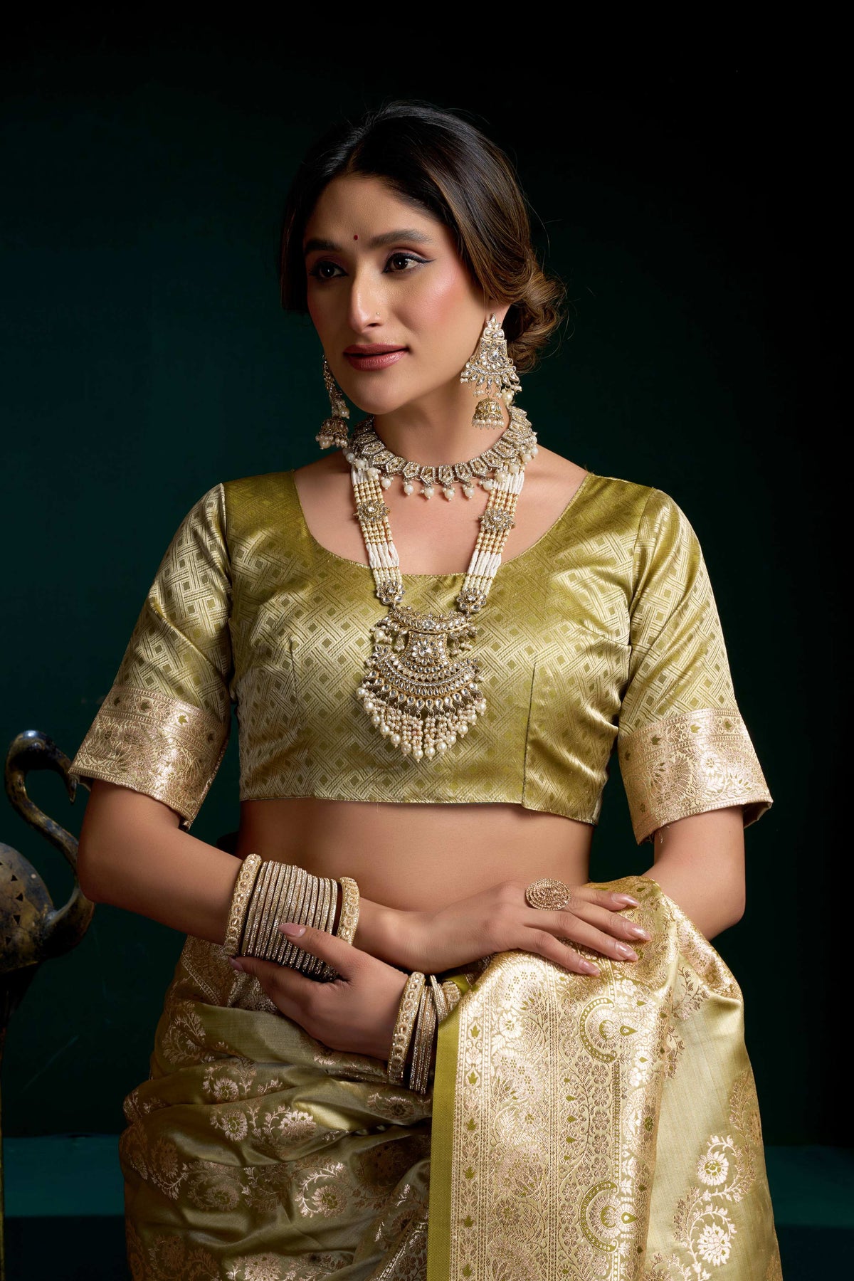 Mehendi Satin Silk Zari Woven Saree with Fancy Pumpum
