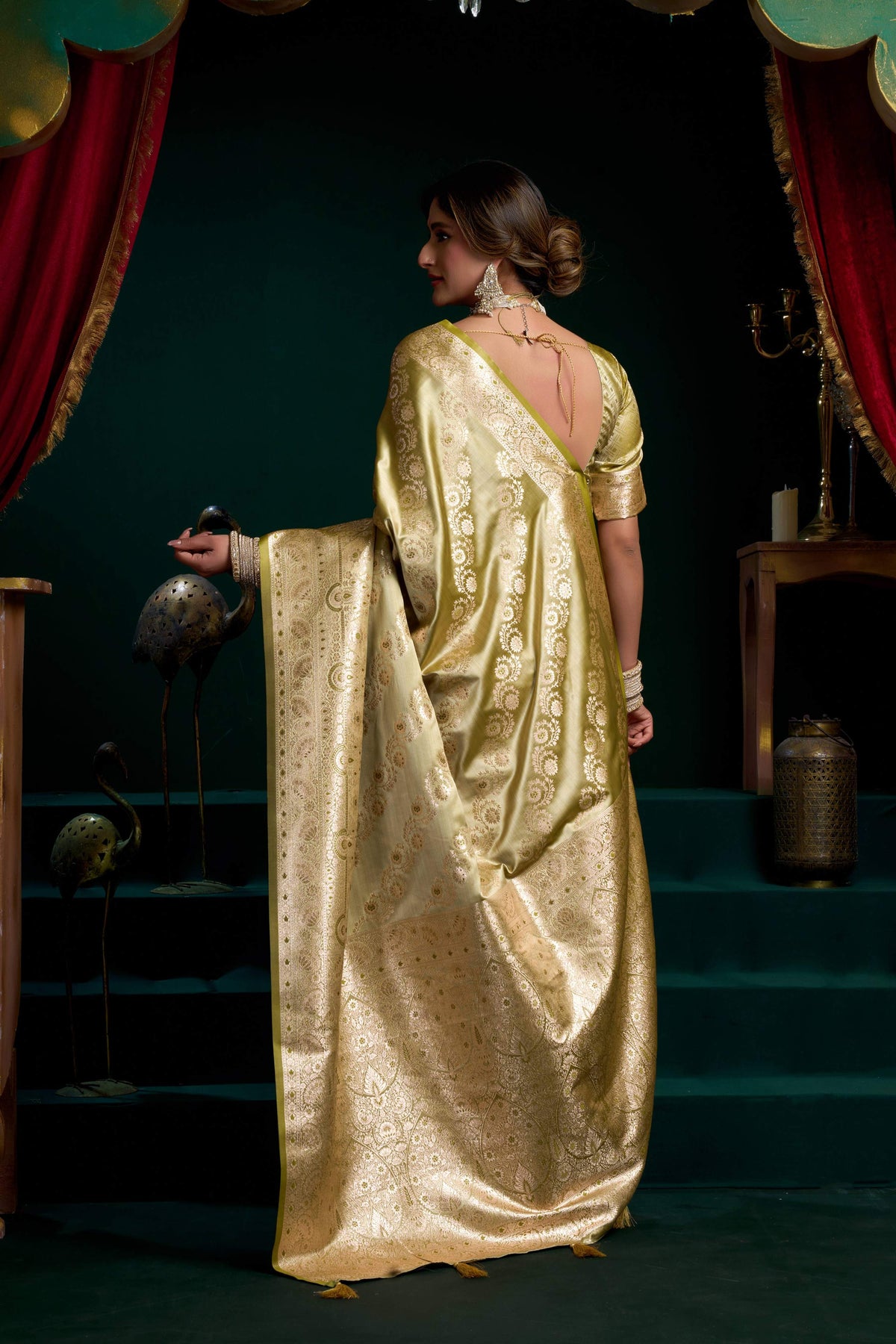 Mehendi Satin Silk Zari Woven Saree with Fancy Pumpum