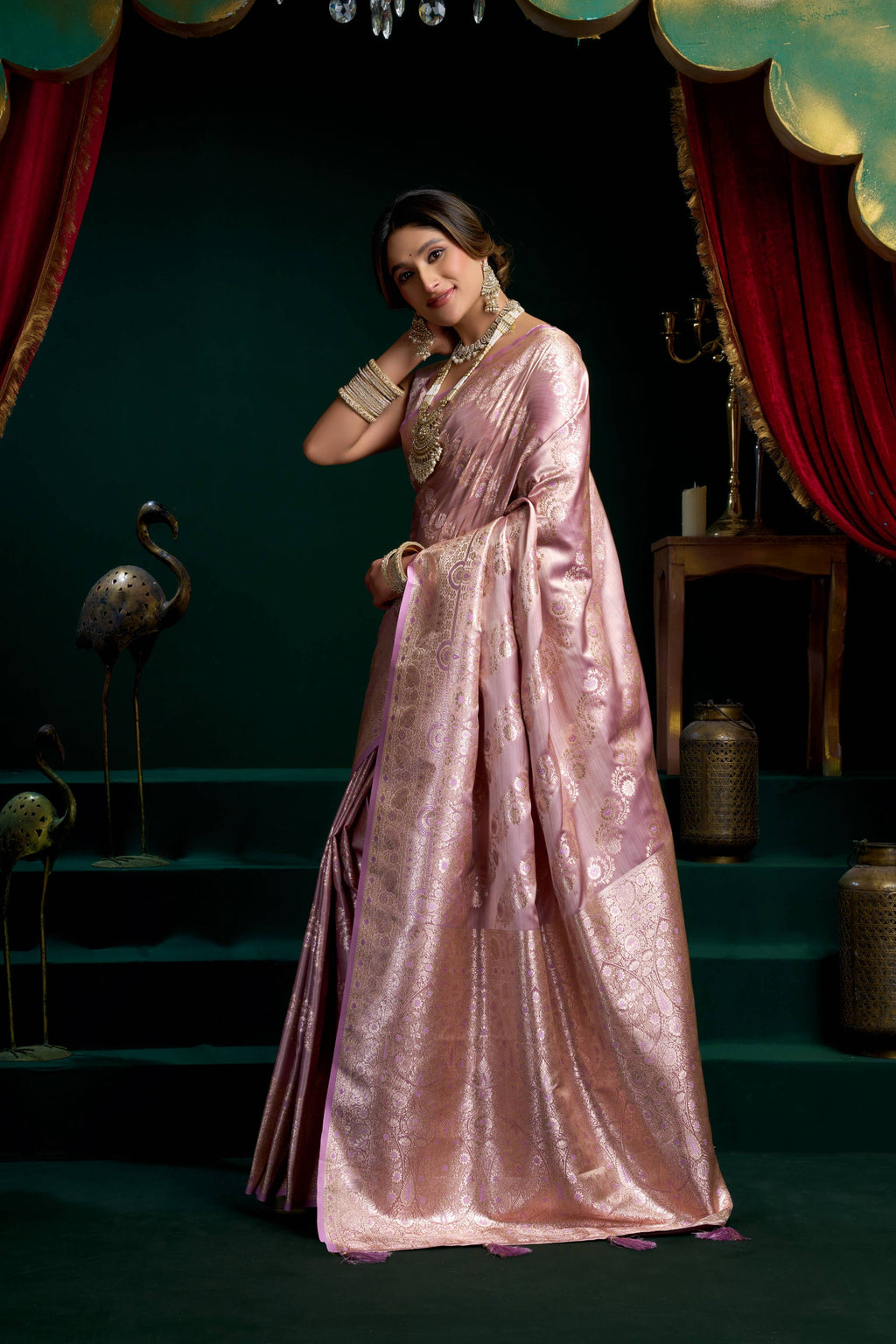Women's Purple Satin Silk Saree with Zari Woven Pumpum Detail