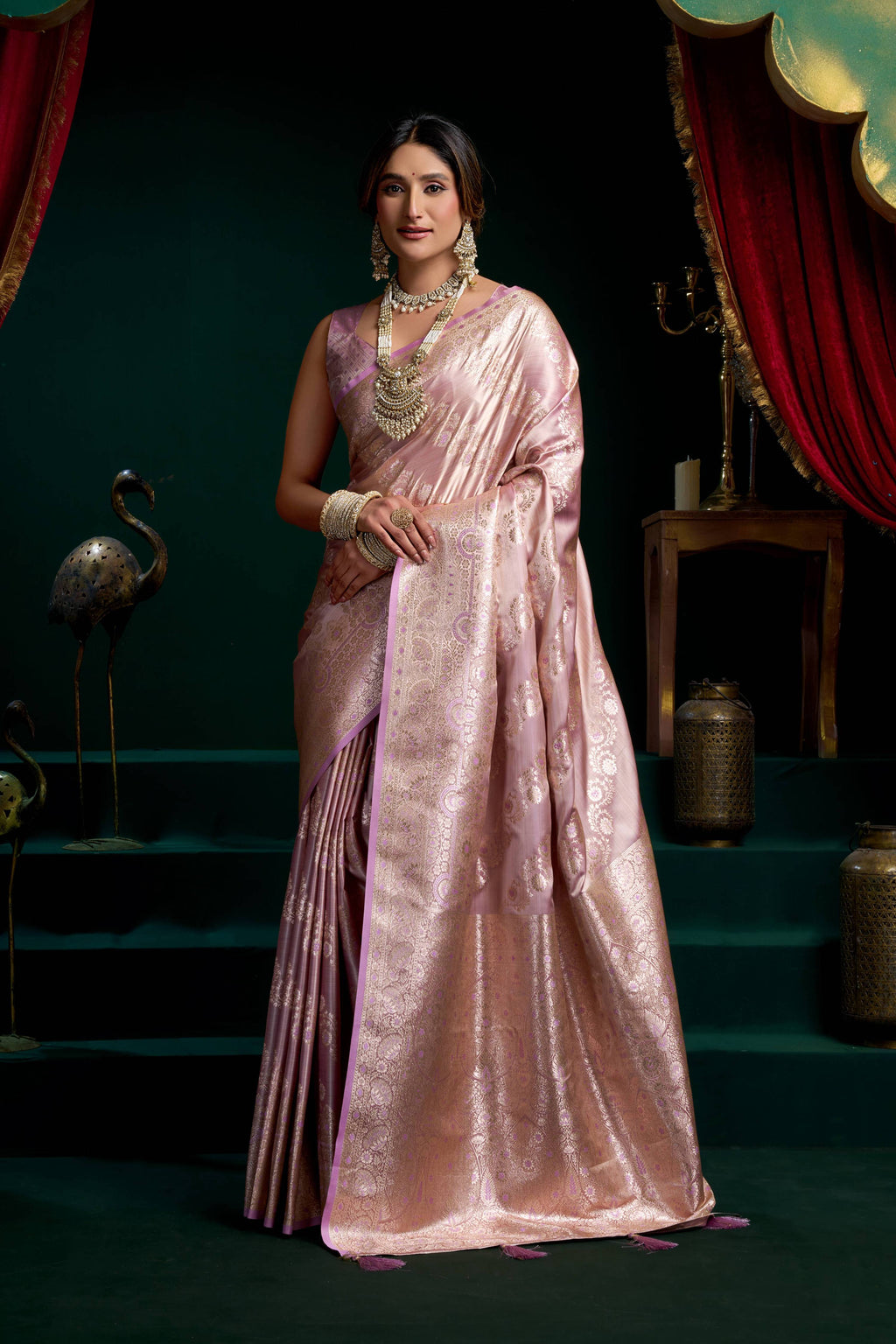 Women's Purple Satin Silk Saree with Zari Woven Pumpum Detail