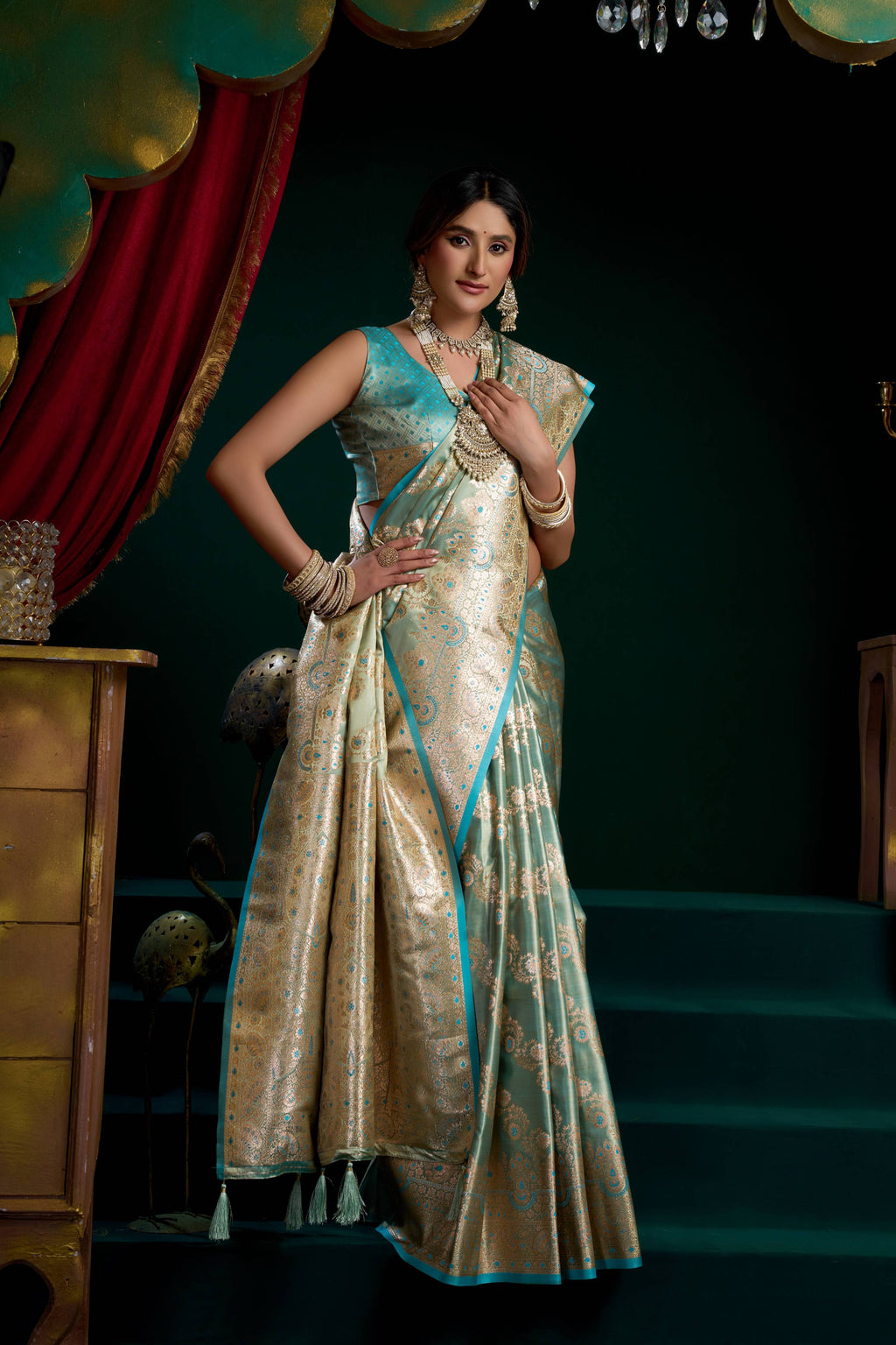 Turquoise Satin Silk Saree with Fancy Pumpum & Zari Work