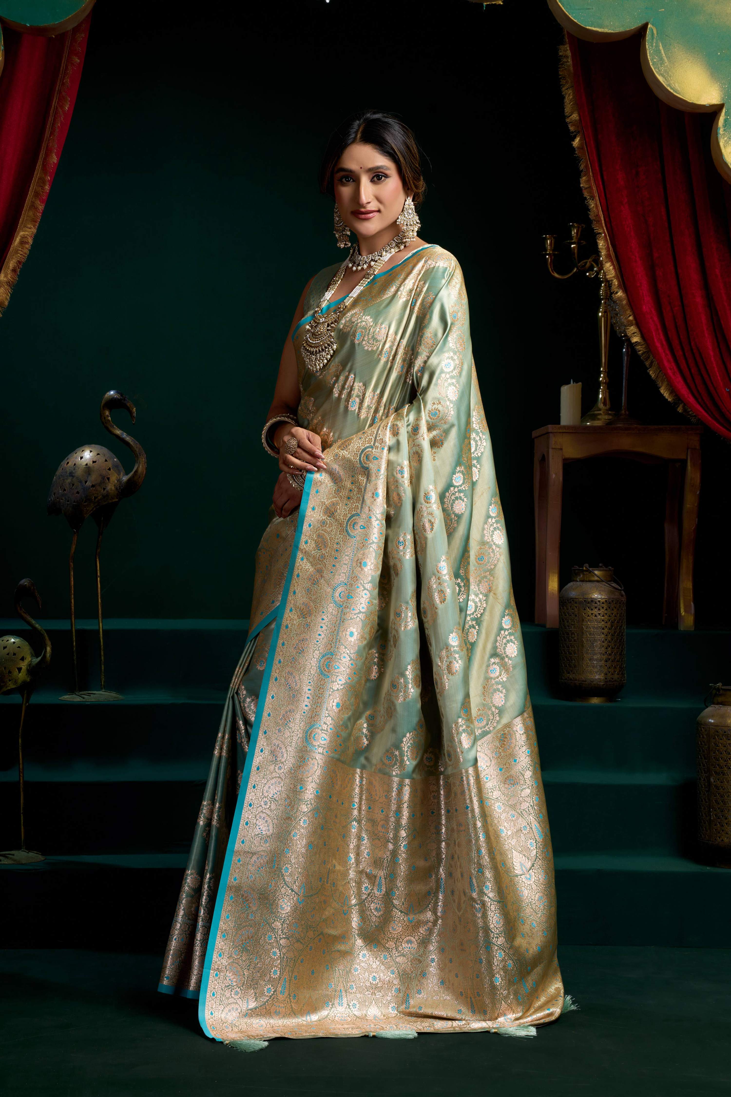 Turquoise Satin Silk Saree with Fancy Pumpum & Zari Work