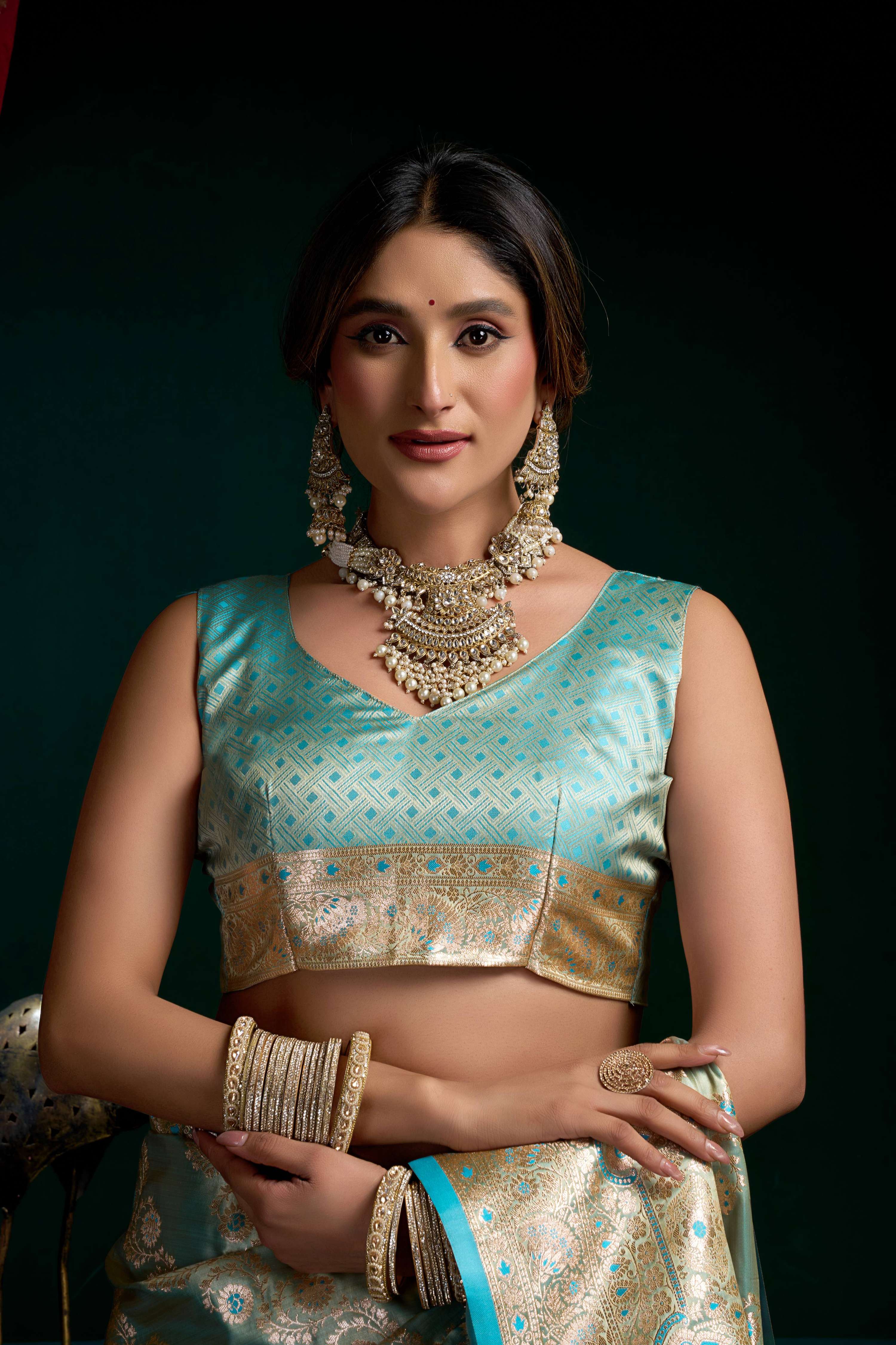 Turquoise Satin Silk Saree with Fancy Pumpum & Zari Work