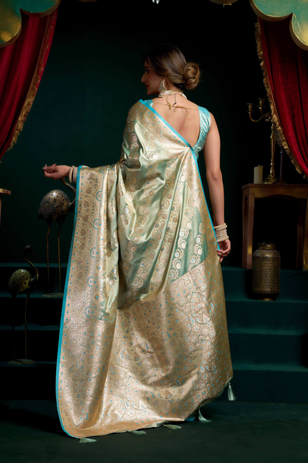 Turquoise Satin Silk Saree with Fancy Pumpum & Zari Work