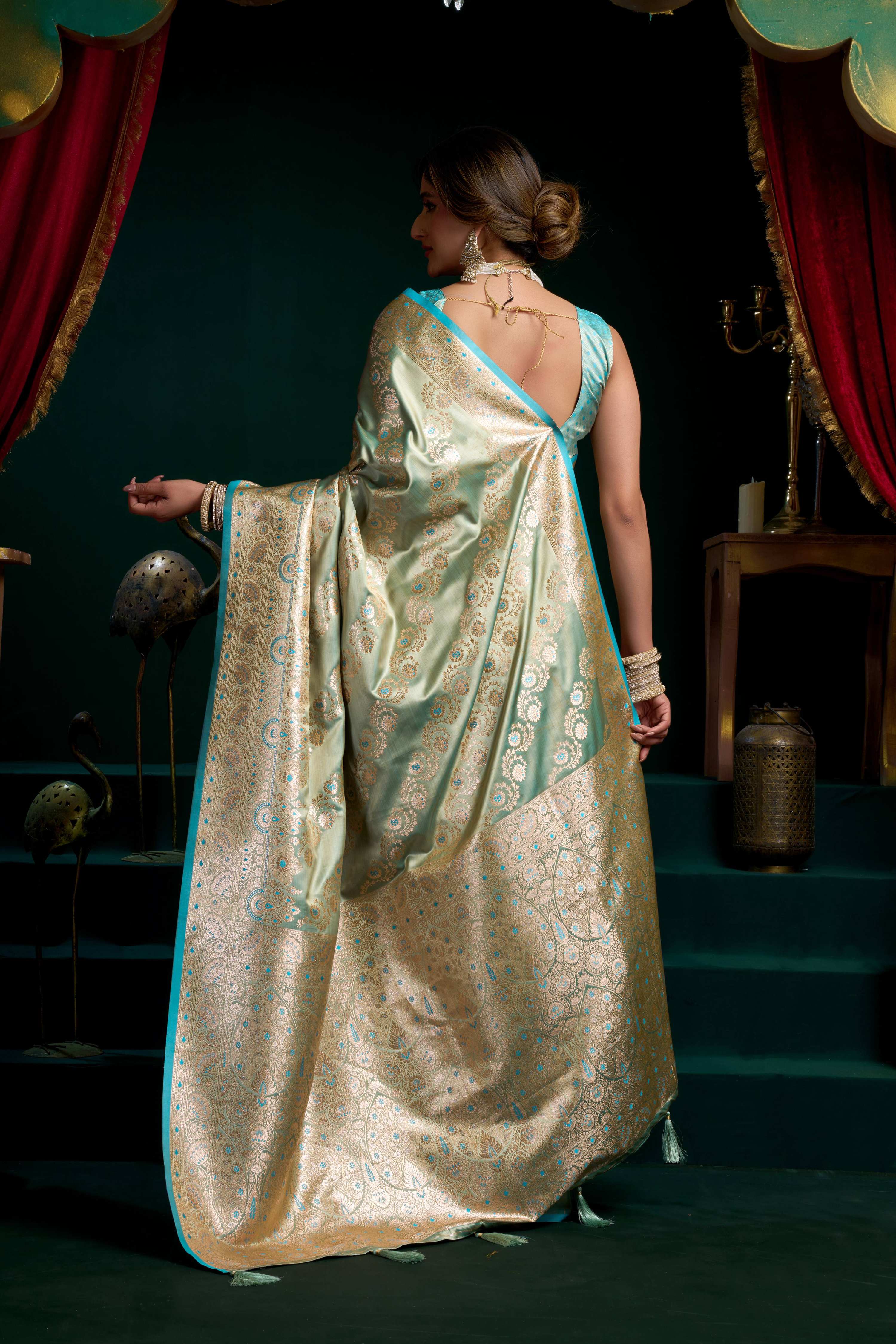 Turquoise Satin Silk Saree with Fancy Pumpum & Zari Work