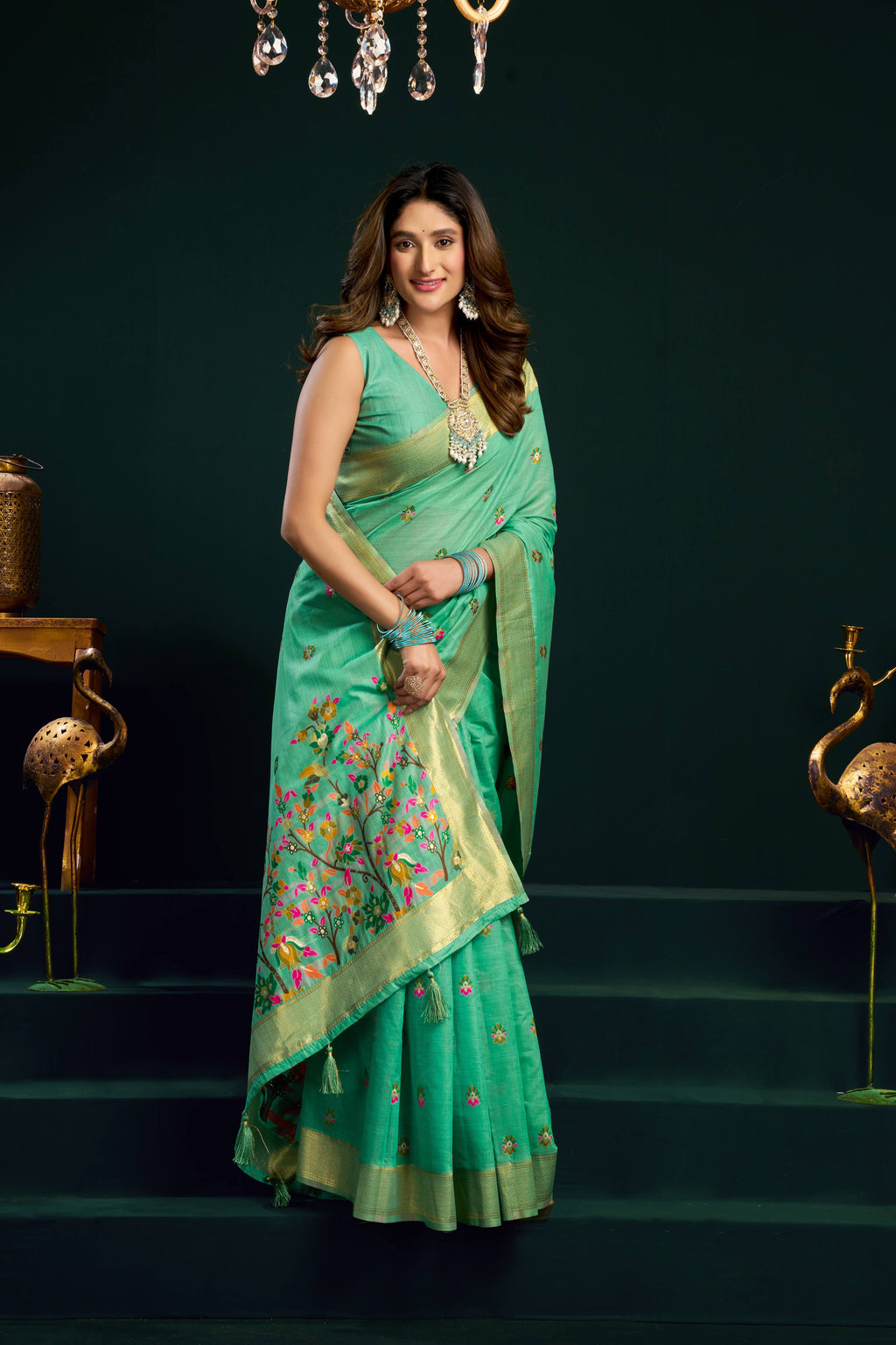 Sea Green Muga Cotton saree with intricate Meena Zari woven border and matching blouse