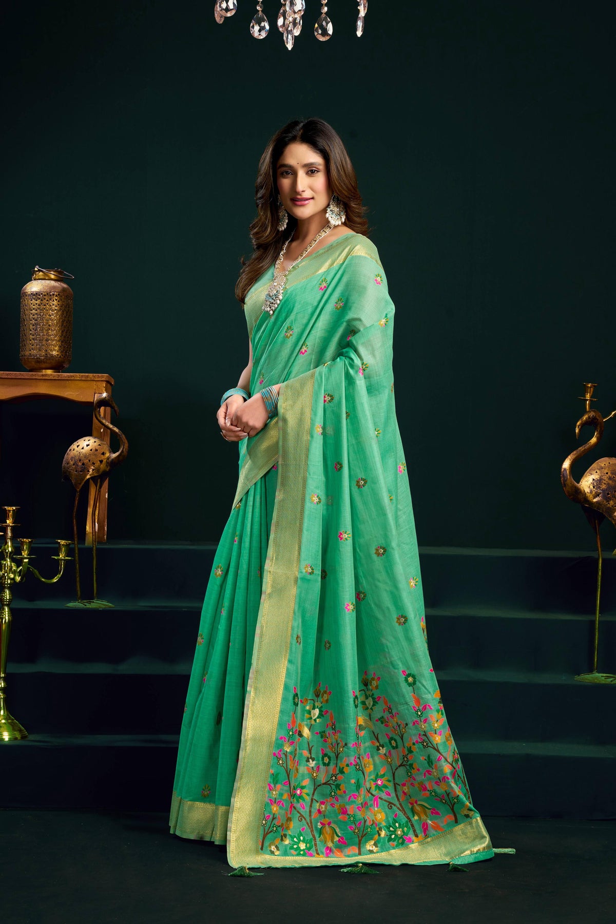 Sea Green Muga Cotton Meena Zari Woven Saree with Blouse