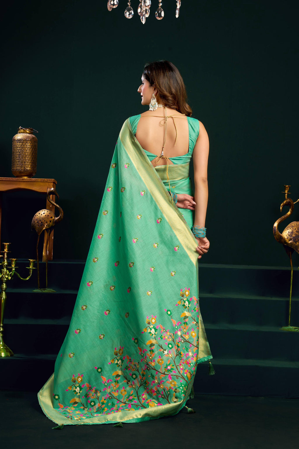 Sea Green Muga Cotton Meena Zari Woven Saree with Blouse