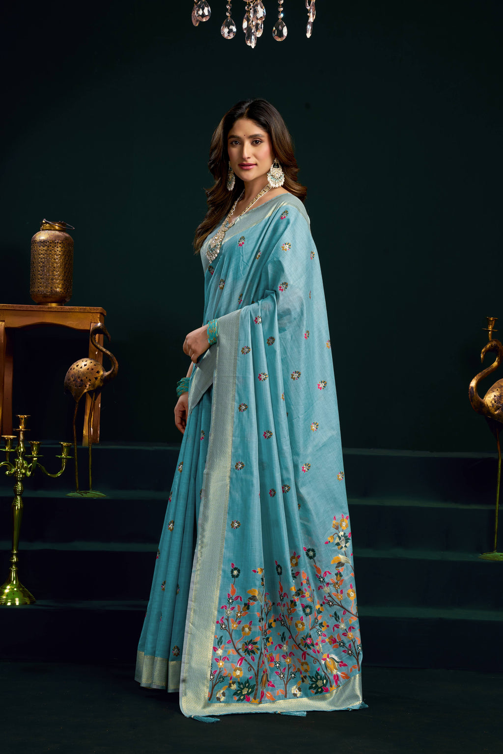 Turquoise Muga Cotton Saree with Meena Zari Woven Detail