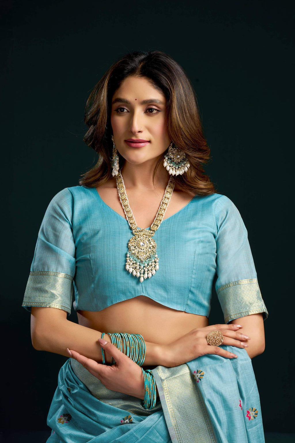 Turquoise Muga Cotton Saree with Meena Zari Woven Detail