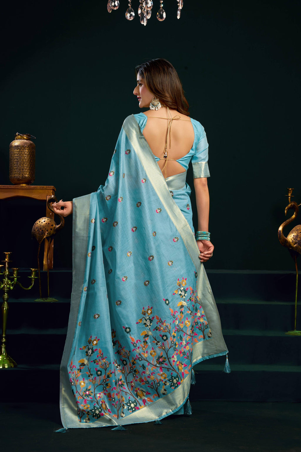 Turquoise Muga Cotton Saree with Meena Zari Woven Detail