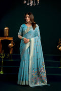 Turquoise Muga Cotton saree with elaborate Meena Zari woven pattern